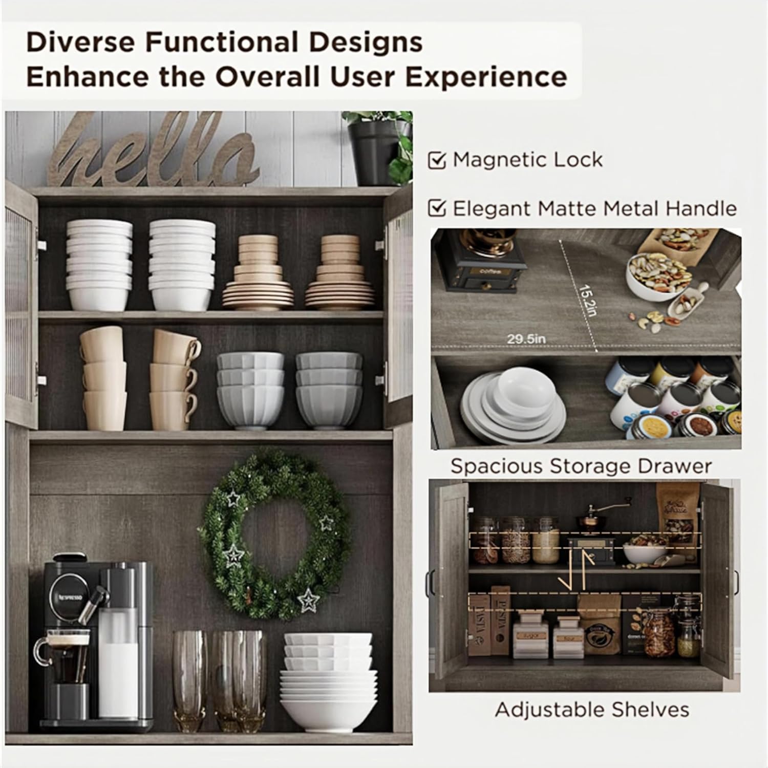 Diverse Functional Designs Enhance the Overall User Experience

- Magnetic Lock
- Elegant Matte Metal Handle
- Spacious Storage Drawer
- Adjustable Shelves

Dimensions:
- 29.5in
- 15.2in