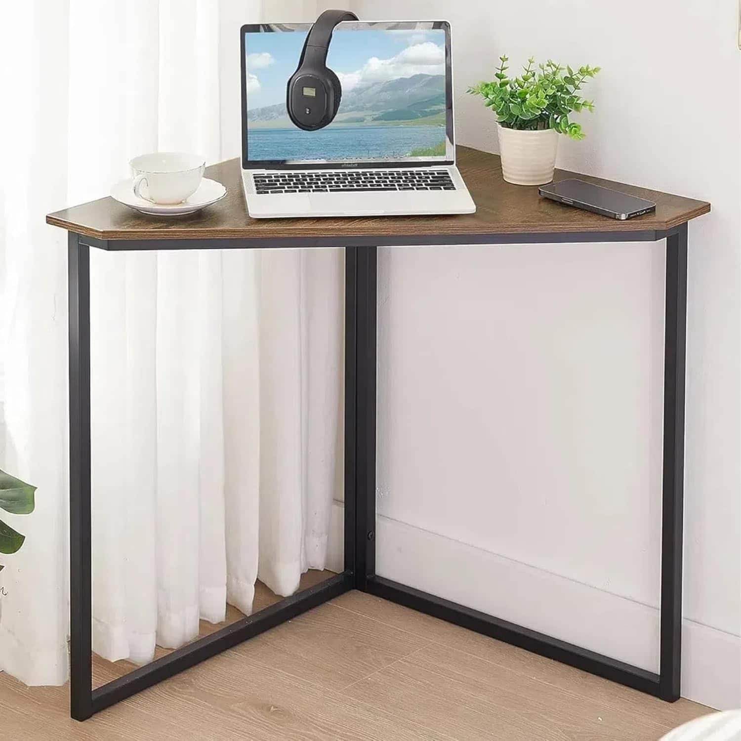 Zell Electronics - 33 Inch Retro Brown Corner DeskSpace-Saving Triangle Work Table with Steel Frame Design - Classic Brown