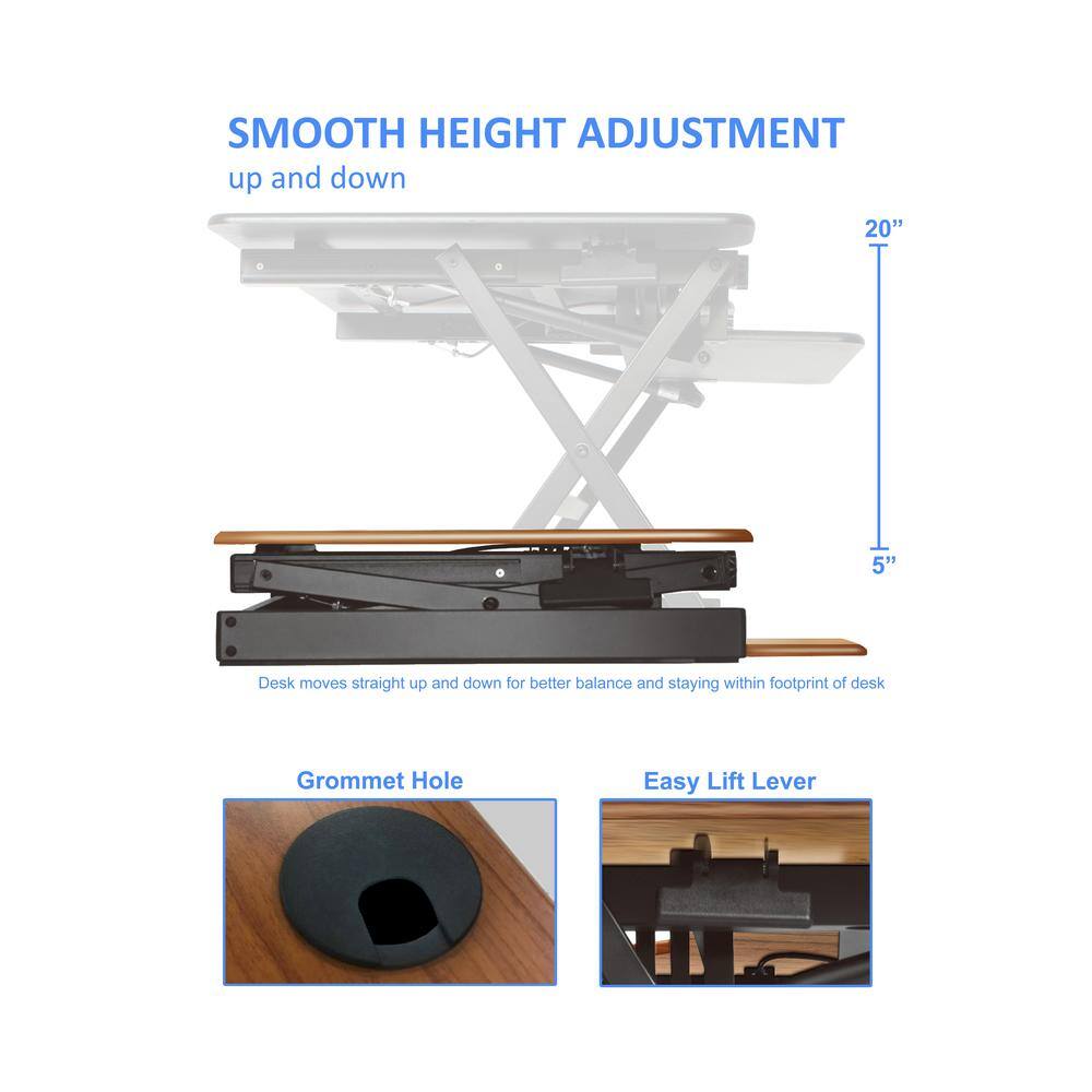 SMOOTH HEIGHT ADJUSTMENT  
up and down  

Desk moves straight up and down for better balance and staying within footprint of desk  

Grommet Hole  
Easy Lift Lever