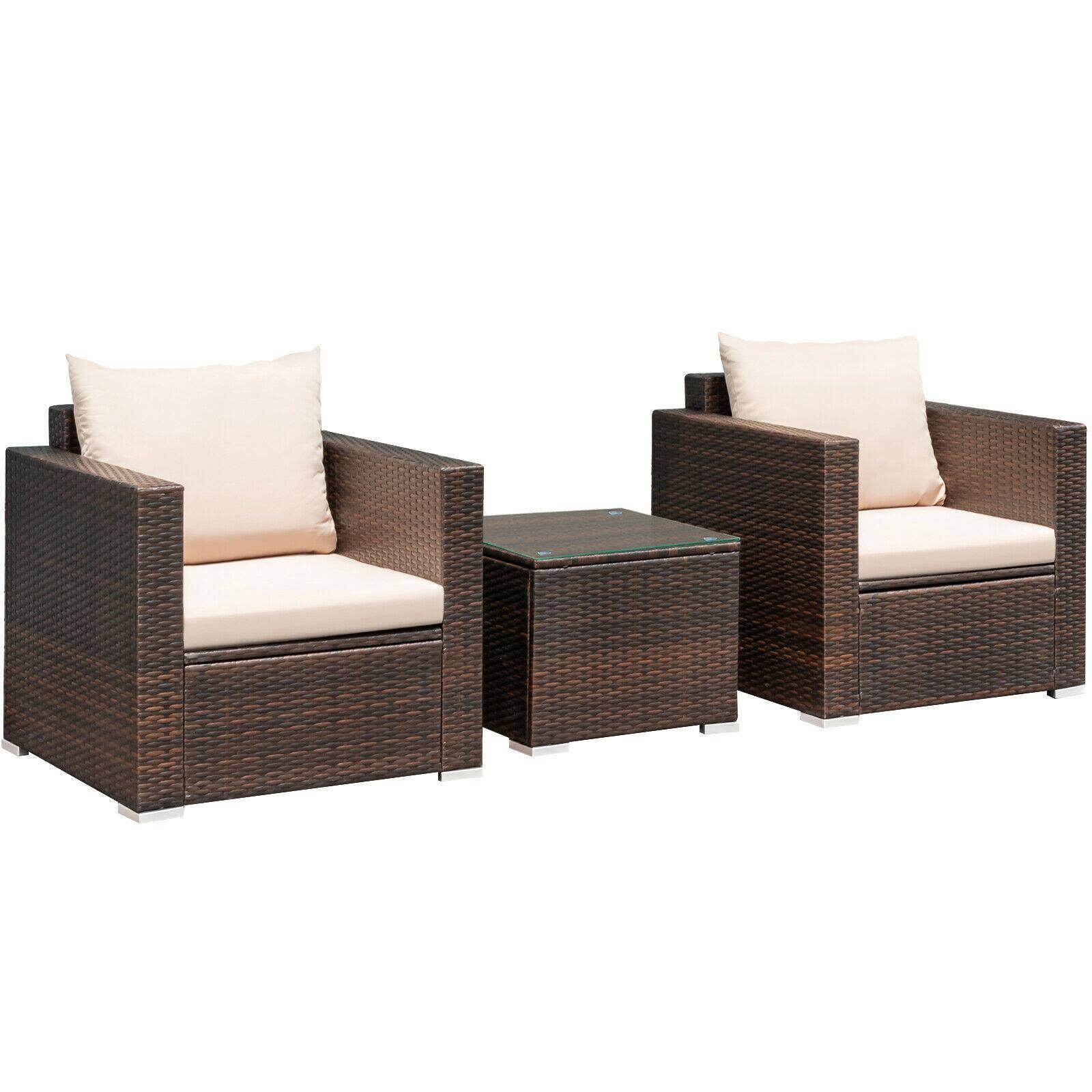 Left. Costway - 3PCS Patio Rattan Furniture Set Conversation Wicker Sofa Set w/Cushion Garden - Brown.