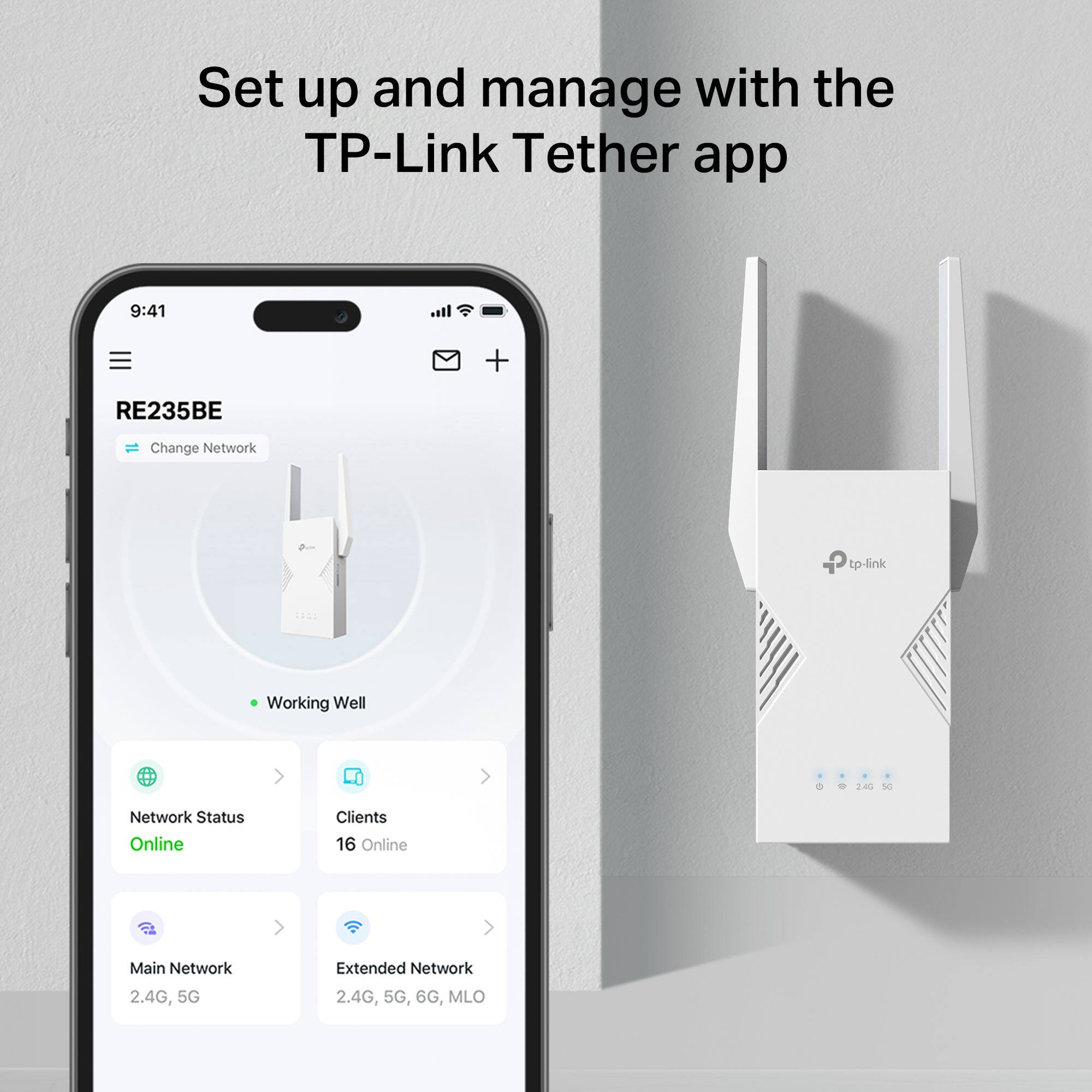 Set up and manage with the TP-Link Tether app. The image shows a cell phone displaying the TP-Link Tether app, which is used to manage the network status, online clients, and extended network options. The app is designed to work well and provide a user-friendly experience for managing the network.