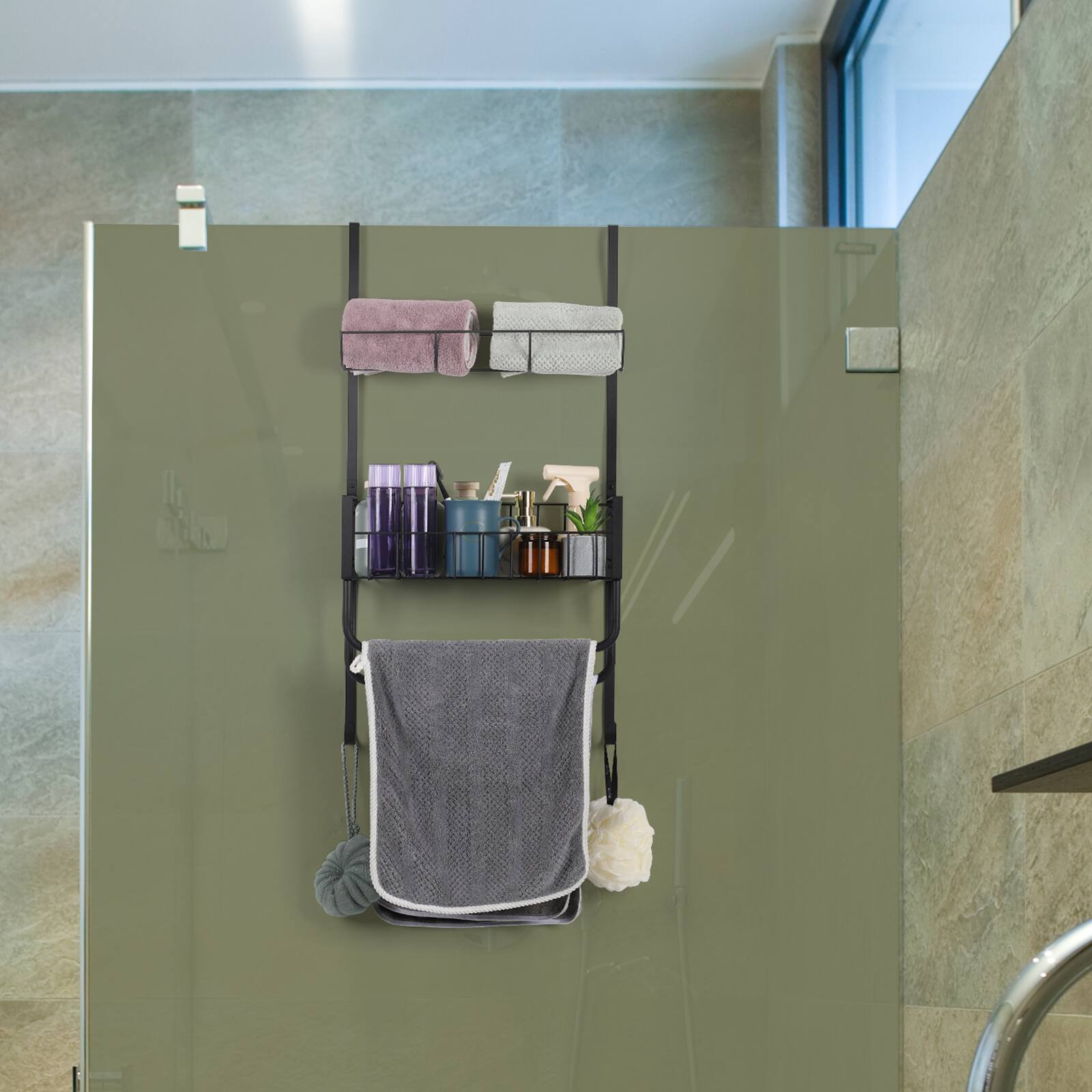 Alt View 4. Oumilen - Matte Black Over Door Metal Towel & Bathroom Storage Organizer Rack - Black.