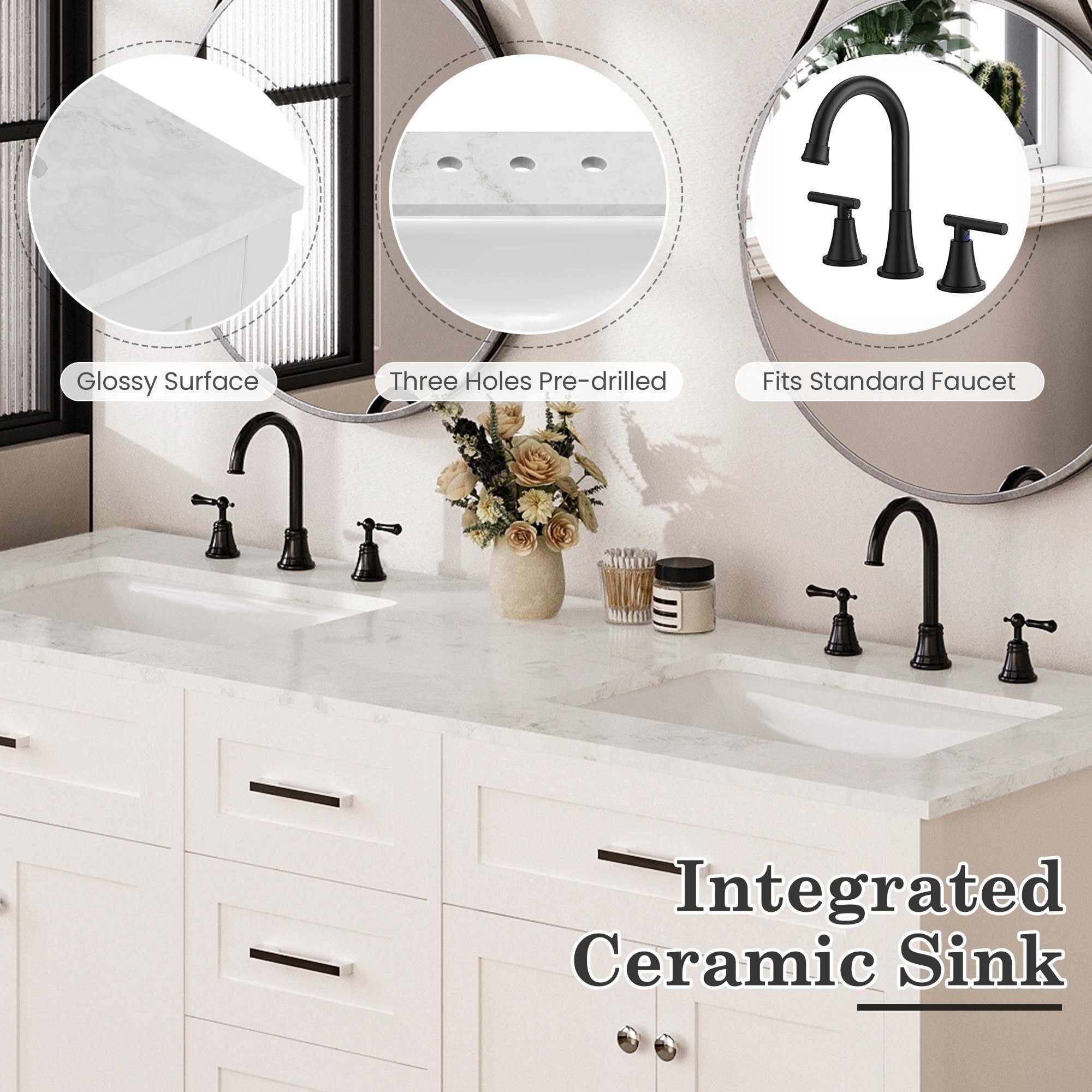 - Glossy Surface
- Three Holes Pre-drilled
- Fits Standard Faucet
- Integrated Ceramic Sink