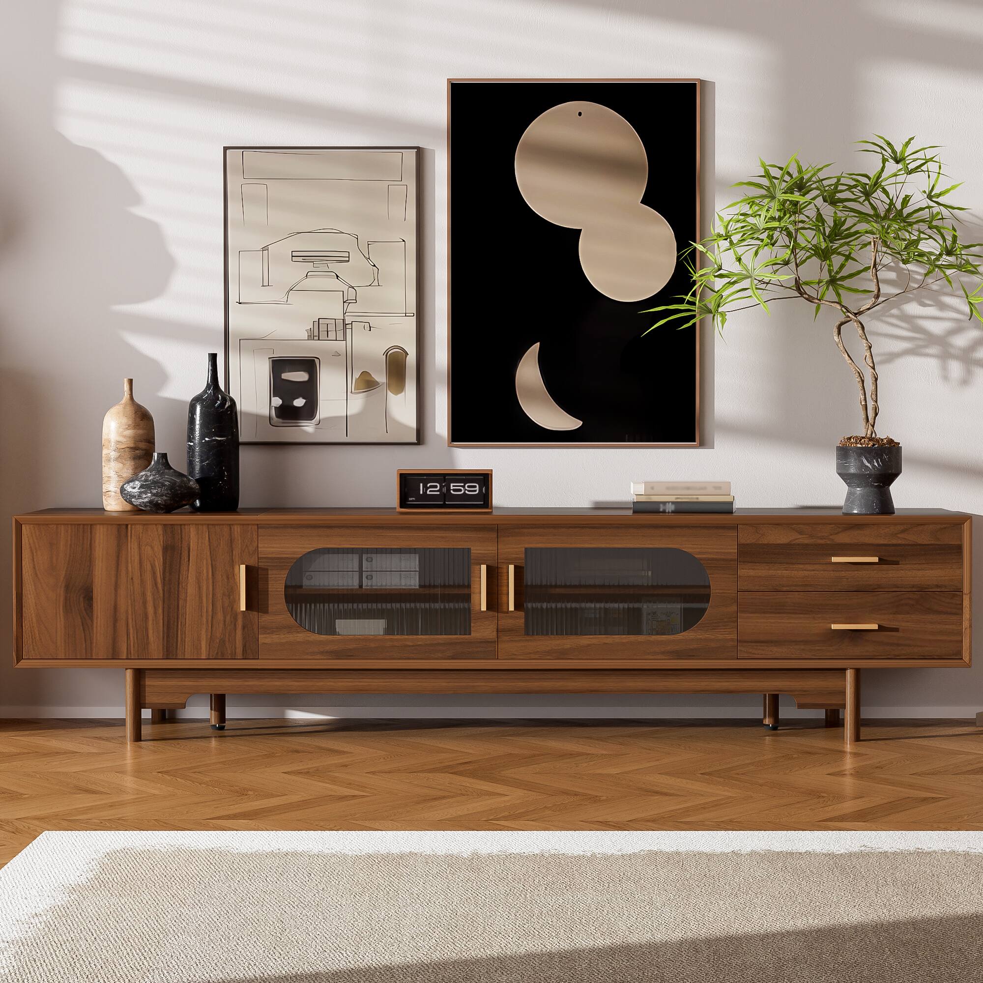 Left. MERAVOM - TV Stand for TVs Up to 85", Modern TV Cabinet with Fluted Glass Doors & 2 Drawers, Entertainment Center for Living Room - Walnut.