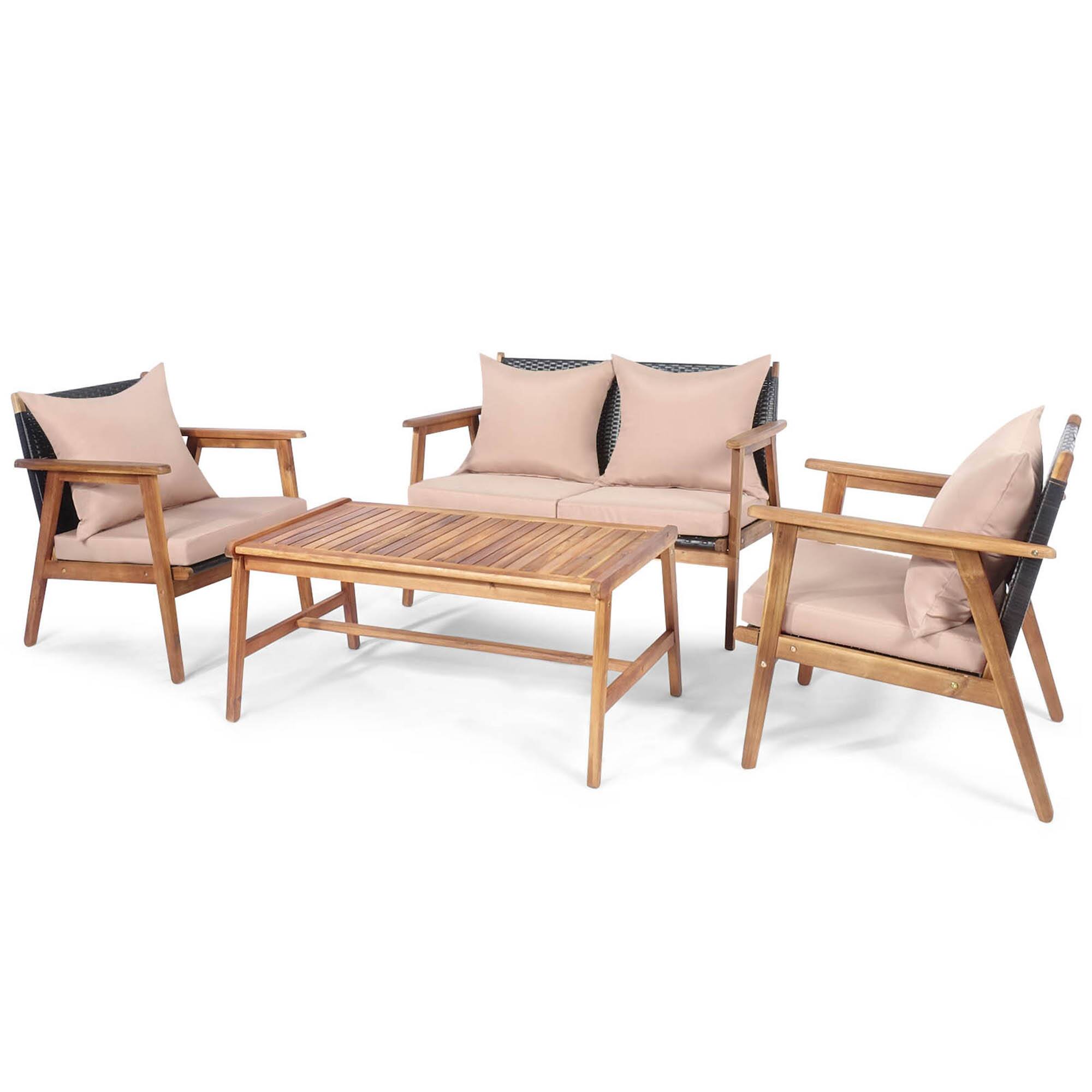 Alt View 1. Gymax - Gymax 4PCS Outdoor Furniture Set Patio Conversation Set  w/ Wood Frame Cushion - Beige.