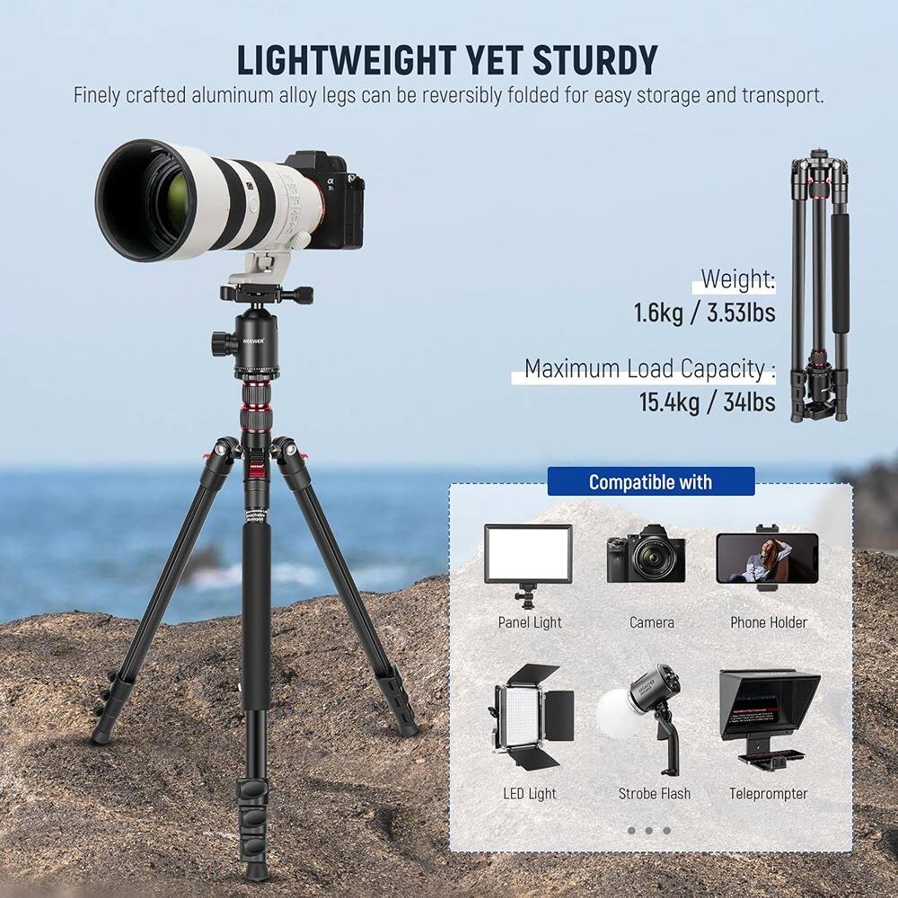 LIGHTWEIGHT YET STURDY
Finely crafted aluminum alloy legs can be reversibly folded for easy storage and transport.
Weight: 1.6kg / 3.53lbs
Maximum Load Capacity: 15.4kg / 34lbs
Compatible with
- Panel Light
- Camera
- Phone Holder
- LED Light
- Strobe Flash
- Teleprompter