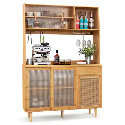 Front. Costway - Bamboo Buffet Cabinet Wine Bar Pantry Cupboard Sideboard with Rattan Sliding Door - Natural.