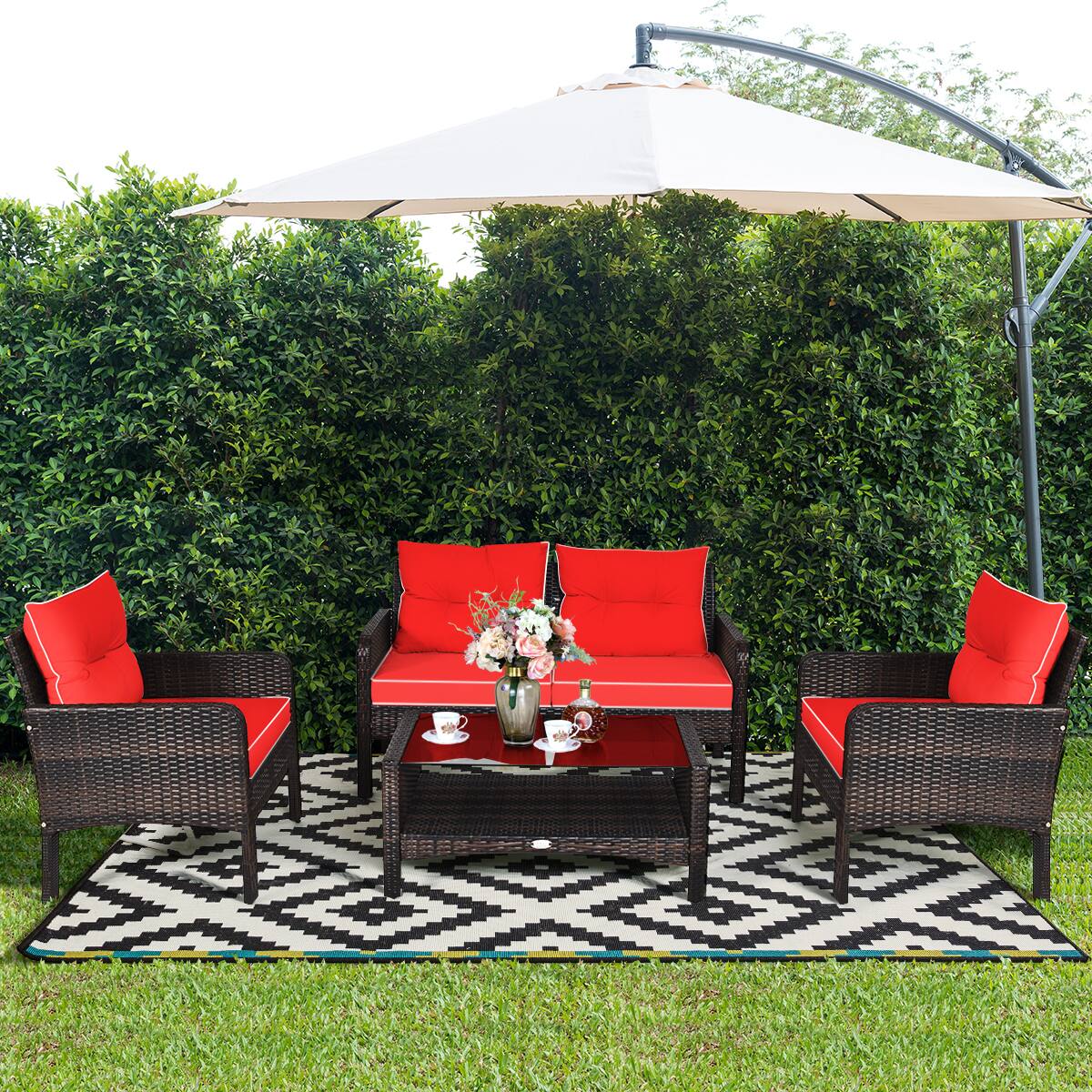 Alt View 3. Costway - Costway 4PCS Patio Rattan Furniture Set Loveseat Sofa Coffee Table Garden W/ Cushion - Red.