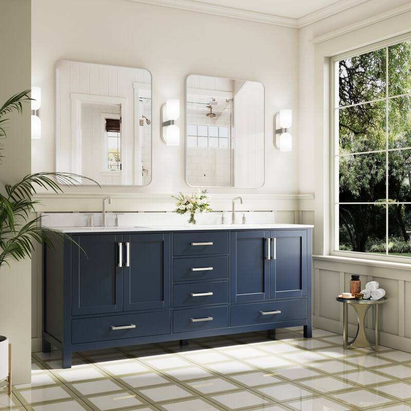 Angle. WELLFOR - 80 in Bathroom Vanity with Double Sink, Freestanding Solid Wood Bathroom Cabinet with Soft-Close 4 Doors& 6 Drawers - Navy Blue.