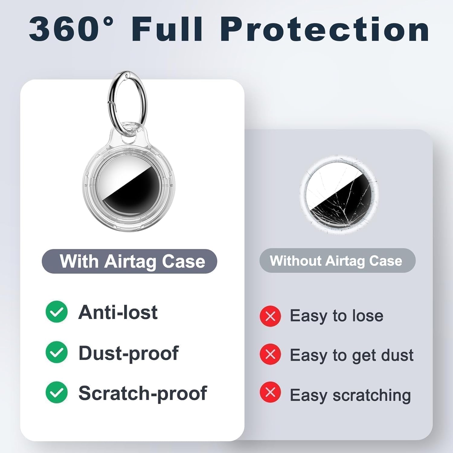 360° Full Protection

With Airtag Case
- Anti-lost
- Dust-proof
- Scratch-proof

Without Airtag Case
- Easy to lose
- Easy to get dust
- Easy scratching