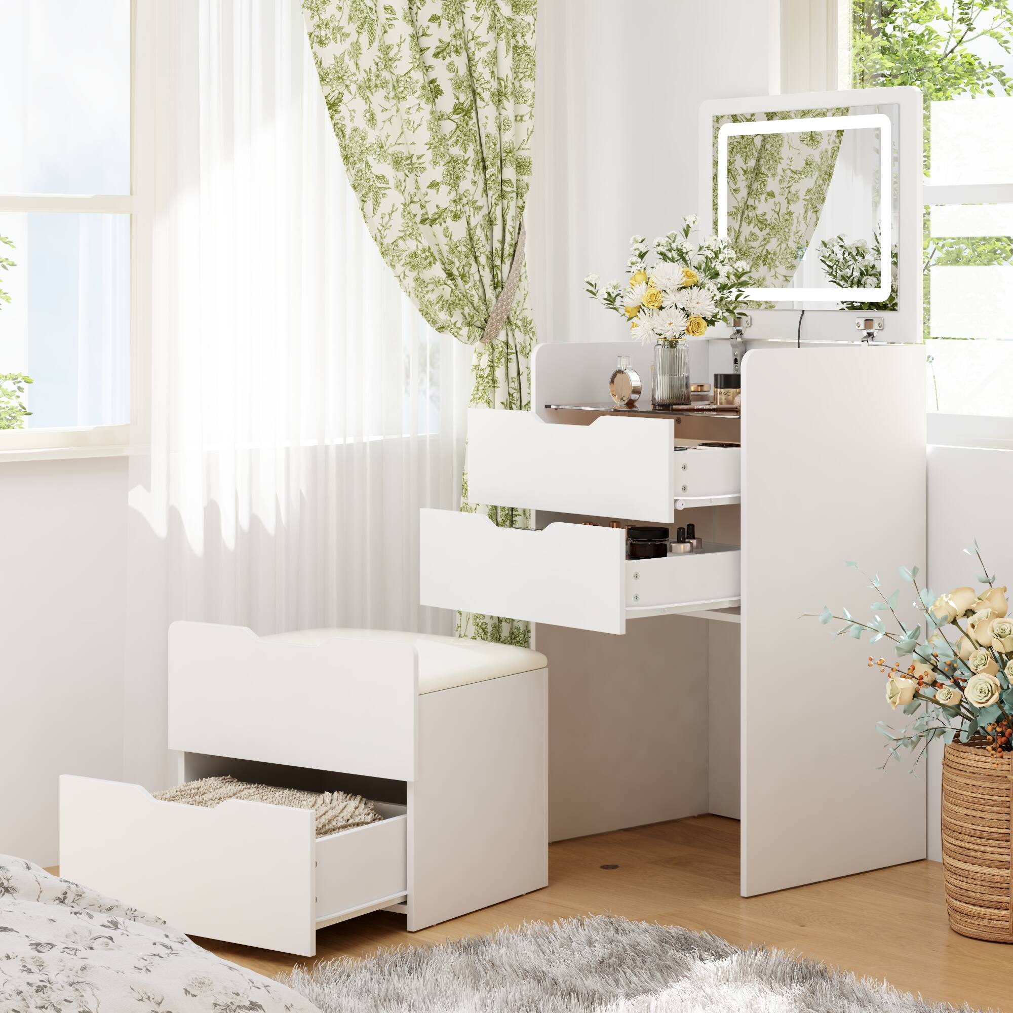 Left. Famapy - Flip - Up LED Vanity Desk with 3 - Color Lighting & Hidden Storage for Small Spaces - White.