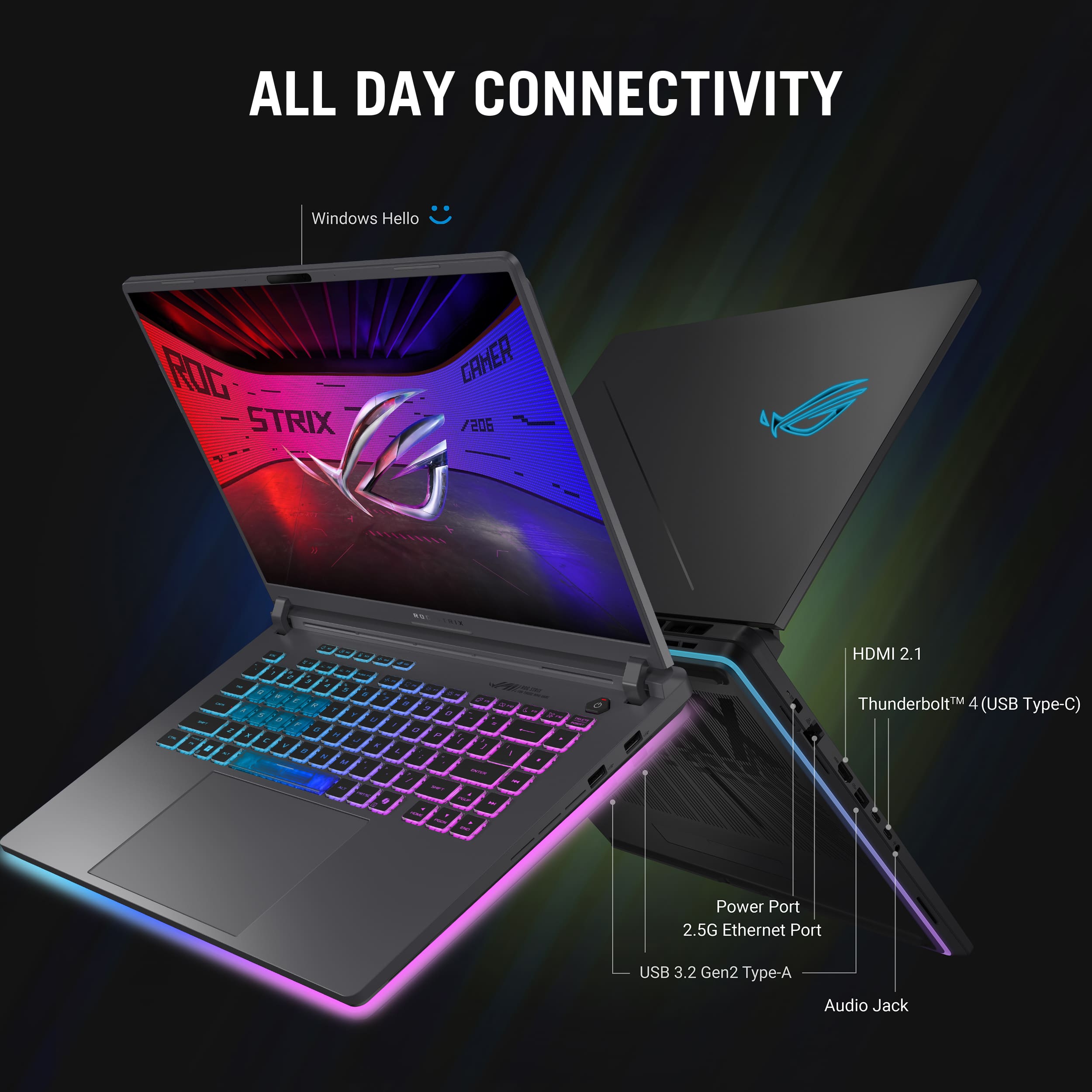 All Day Connectivity Windows Hello ROG STRIX GAMING LAPTOP 206 - - - - - , a F > - . - . - 2 - a & . 1 d - - - . . Y 2 - . - / - 1 - . . - . 1 - . . HDMI 2.1 Thunderbolt 4 (USB Type-) Power Port 2.5G Ethernet Port USB 3.2 Gen2 Type-A Audio Jack