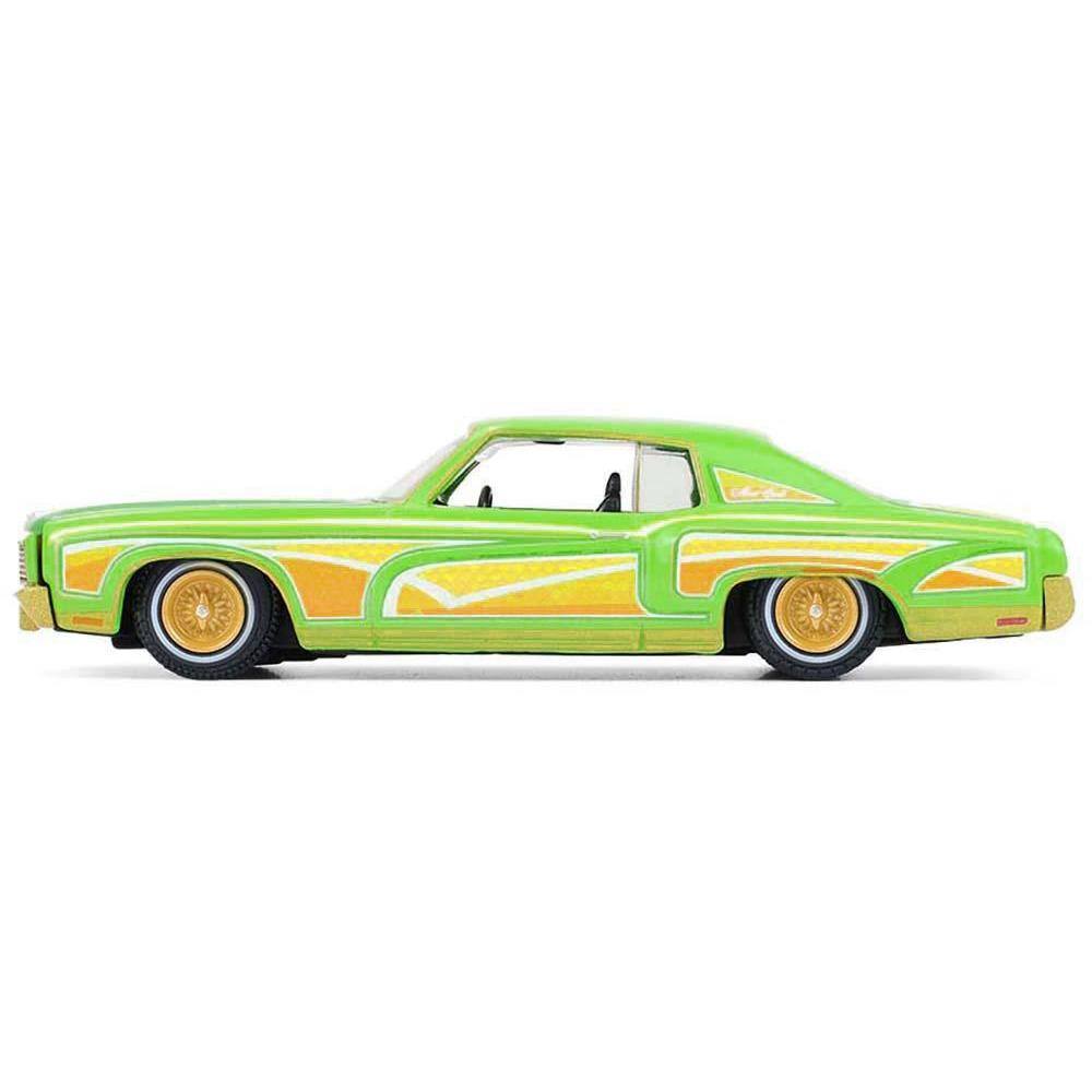 Left. Greenlight - 1970 Chevrolet Monte Carlo Lowrider Michael Heralda Special Edition Lime Green Graphics 1/64 Hobby Exclusive Series - Lime Green.