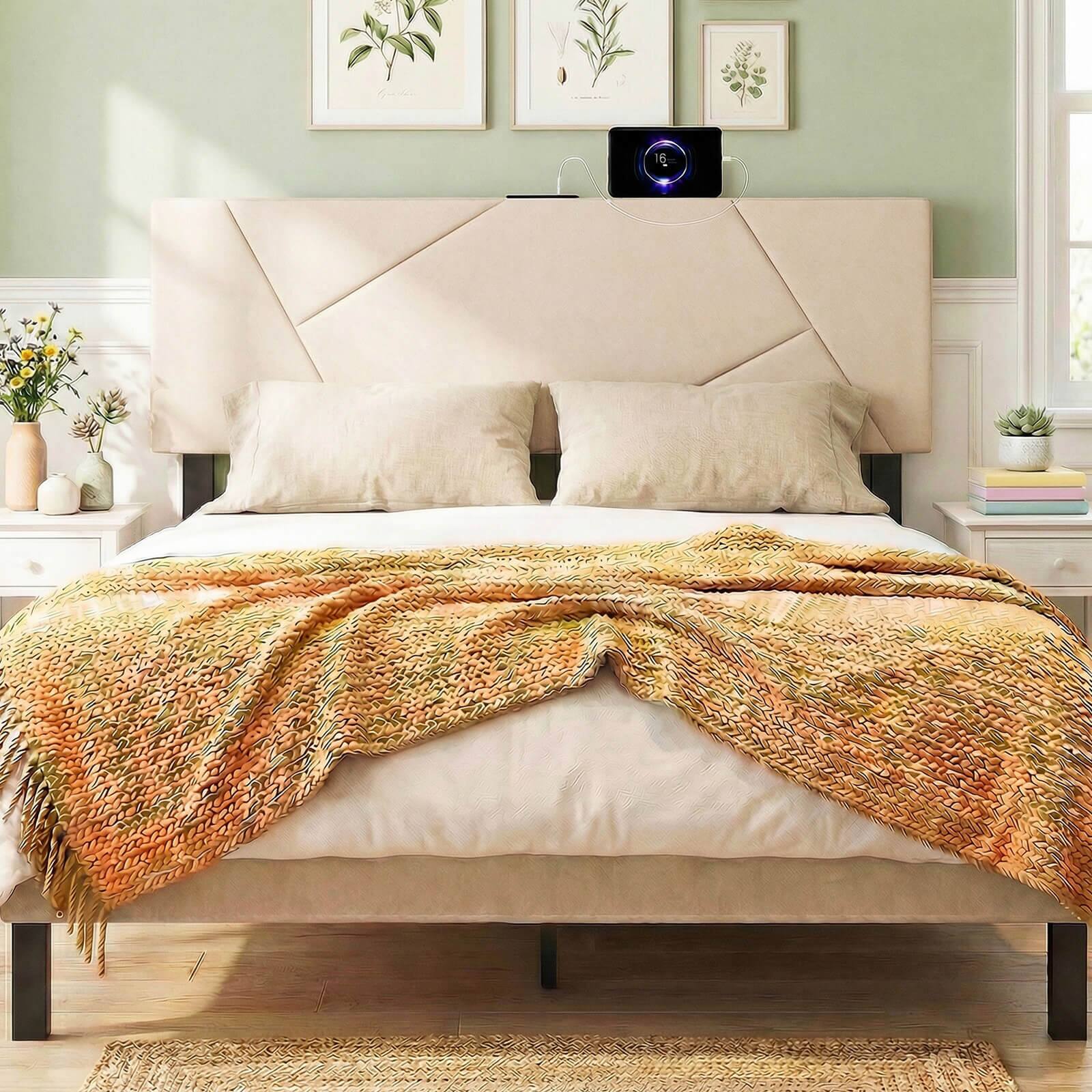 Alt View 3. Costway - Costway Headboard for Queen&Full Size Bed,Geometric Upholstered Head Board with 2AC Outlets - Beige.