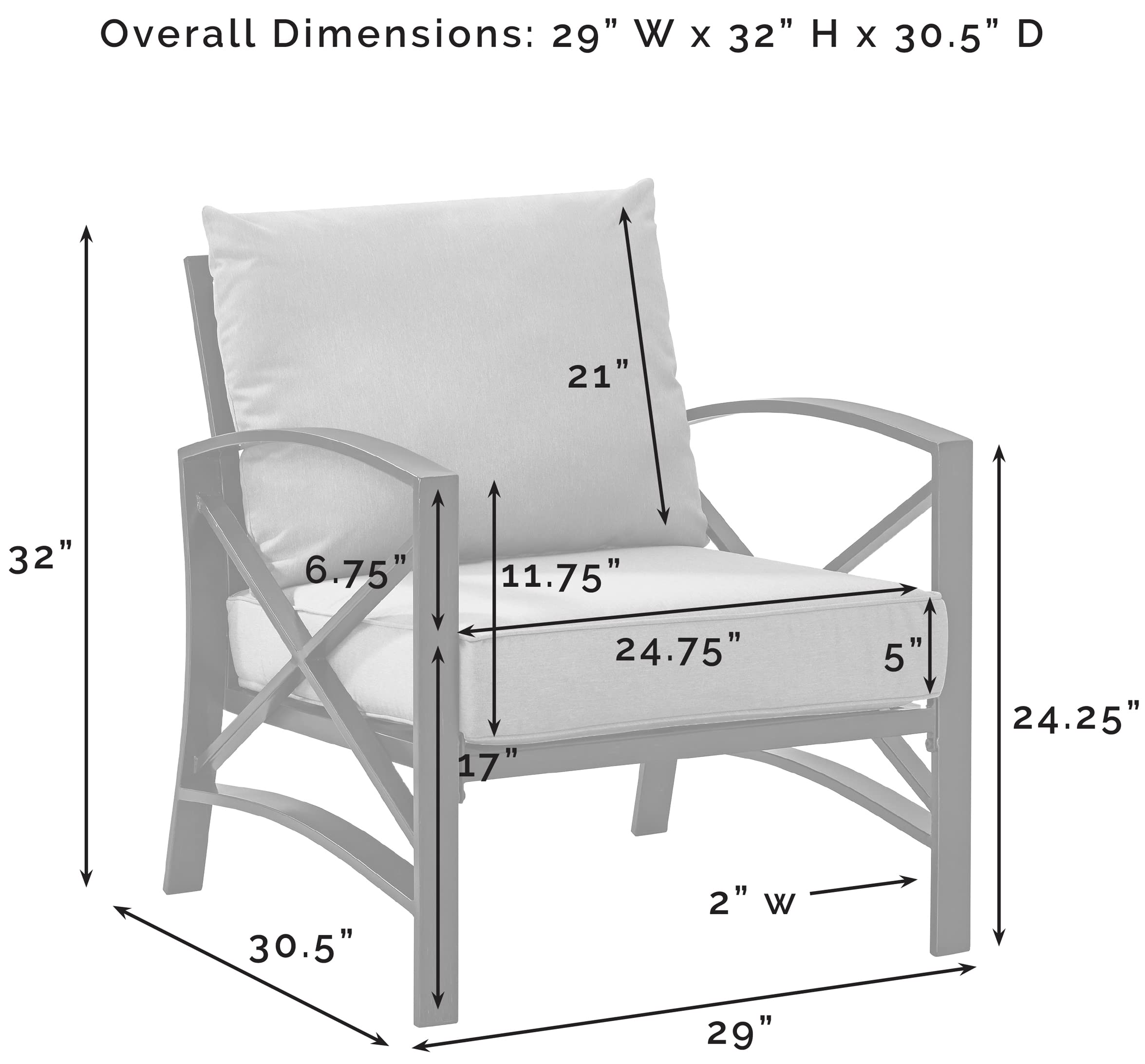 Overall Dimensions: 29" W x 32" H x 30.5" D

- 21"
- 32"
- 6.75"
- 11.75"
- 17"
- 24.75"
- 5"
- 24.25"
- 2" W
- 29"