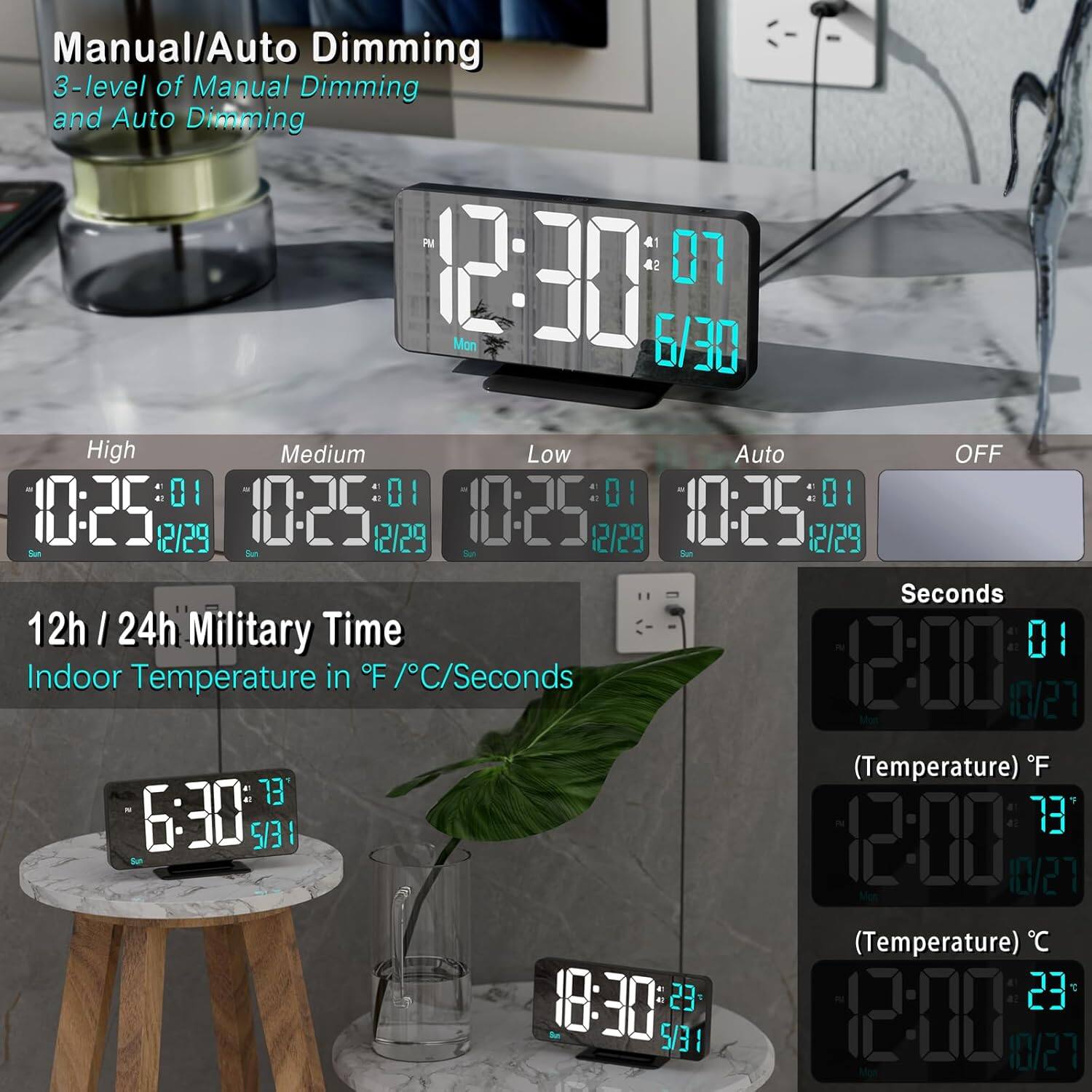 Manual/Auto Dimming  
3-level of Manual Dimming and Auto Dimming  

12h / 24h Military Time  
Indoor Temperature in °F / °C/Seconds  

High  
Medium  
Low  
Auto  
OFF  

Seconds  

(Temperature) °F  
(Temperature) °C