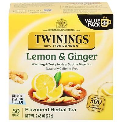 TWININGS  
EST. 1706 LONDON  

Lemon & Ginger  
Warming & Zesty to Help Soothe Digestion  
Naturally Caffeine-Free  

VALUE PACK 50%  
50 Flavoured Herbal Tea Bags  

ENJOY HOT OR ICED!  

NET WT. 2.65 OZ (75 g)  

over 300 Years of Expertise
