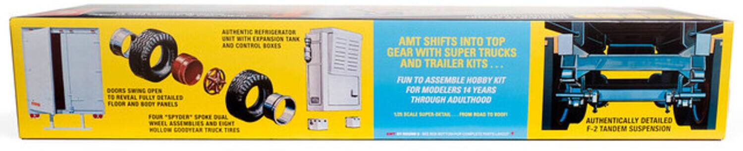 AUTHENTIC REFRIGERATOR UNIT WITH EXPANSION TANK AND CONTROL BOXES. DOORS SWING OPEN TO REVEAL FULLY DETAILED FLOOR AND BODY PANELS. FOUR "SPYDER" SPOKE DUAL WHEEL ASSEMBLIES AND EIGHT HOLLOW GOODYEAR TRUCK TIRES. AMT SHIFTS INTO TOP GEAR WITH SUPER TRUCKS AND TRAILER KITS... FUN TO ASSEMBLE HOBBY KIT FOR MODELERS 14 YEARS THROUGH ADULTHOOD. AUTHENTICALLY DETAILED F-2 TANDEM SUSPENSION.