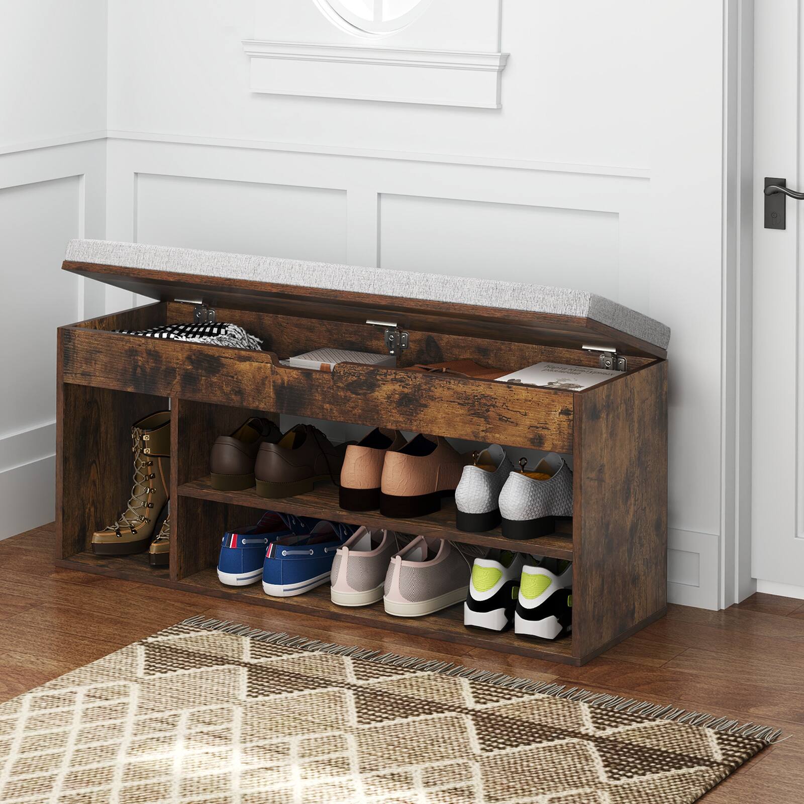 Alt View 4. Gymax - Gymax Shoe Bench Home Entryway Shoes Storage Bench w/ Padded Seat & Hidden Storage Brown - Brown, Gray.