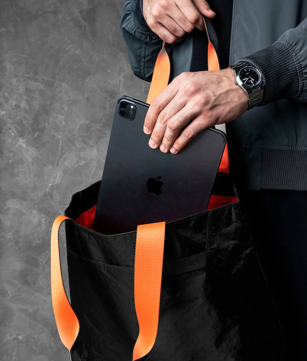 Back. ALPAKA - Elements Tote Bag 14.5L Weatherproof Foldable Travel Tote with Magnetic Closure - Black Axoflux 210D.