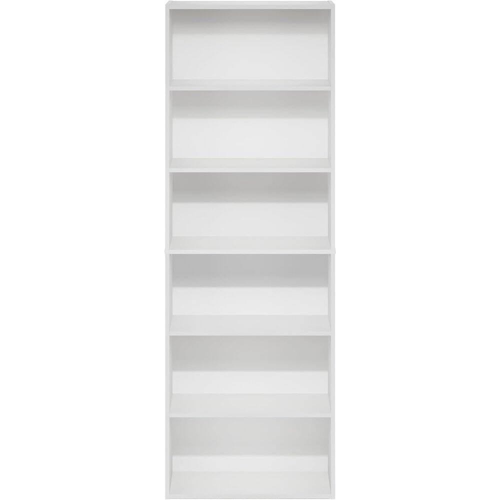 Back. FurniFact - White Wooden Book Shelf with Six Tiers of Wooden Shelves for Home Storage - White.