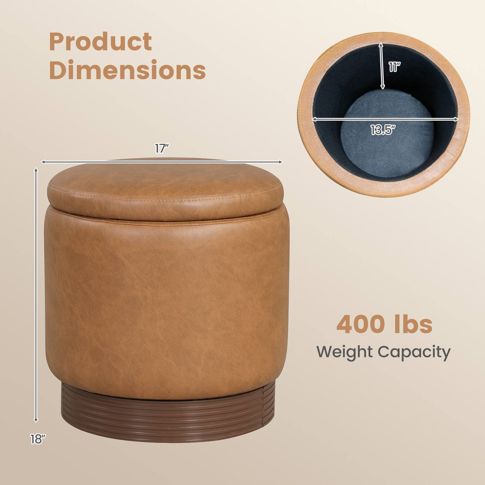 Product Dimensions: 17" x 13.5" x 18"  
Weight Capacity: 400 lbs