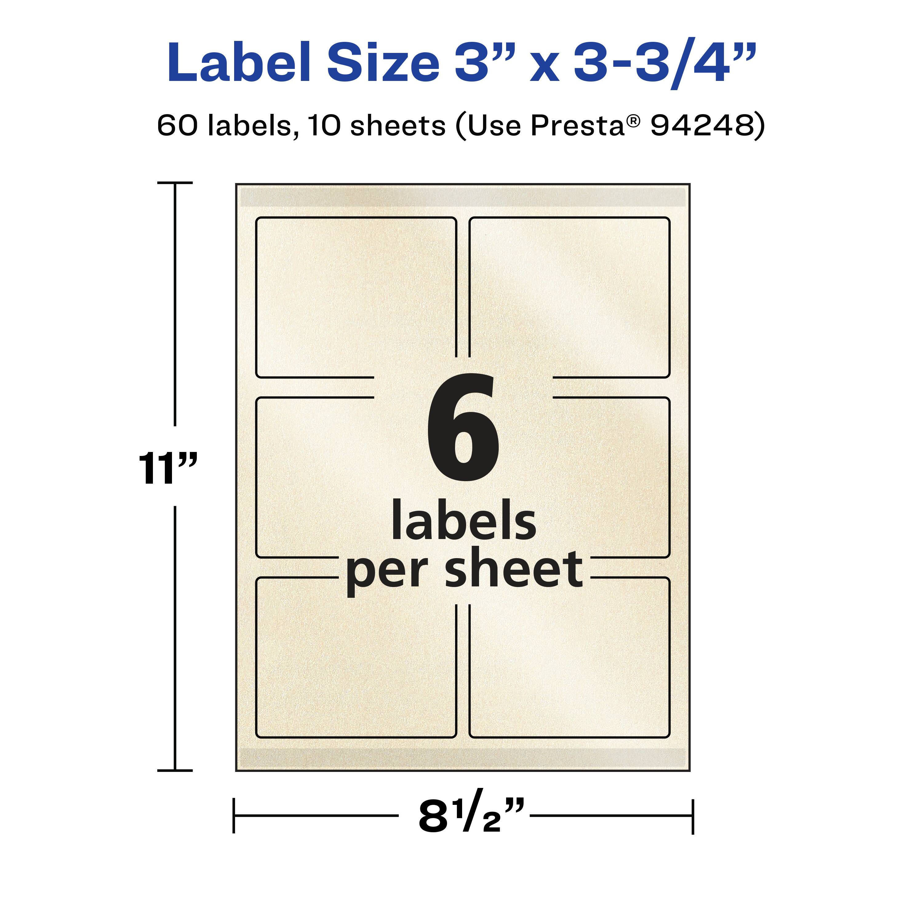 Label Size 3" x 3-3/4"  
60 labels, 10 sheets (Use Presta® 94248)  
11"  
6 labels per sheet  
8 1/2"