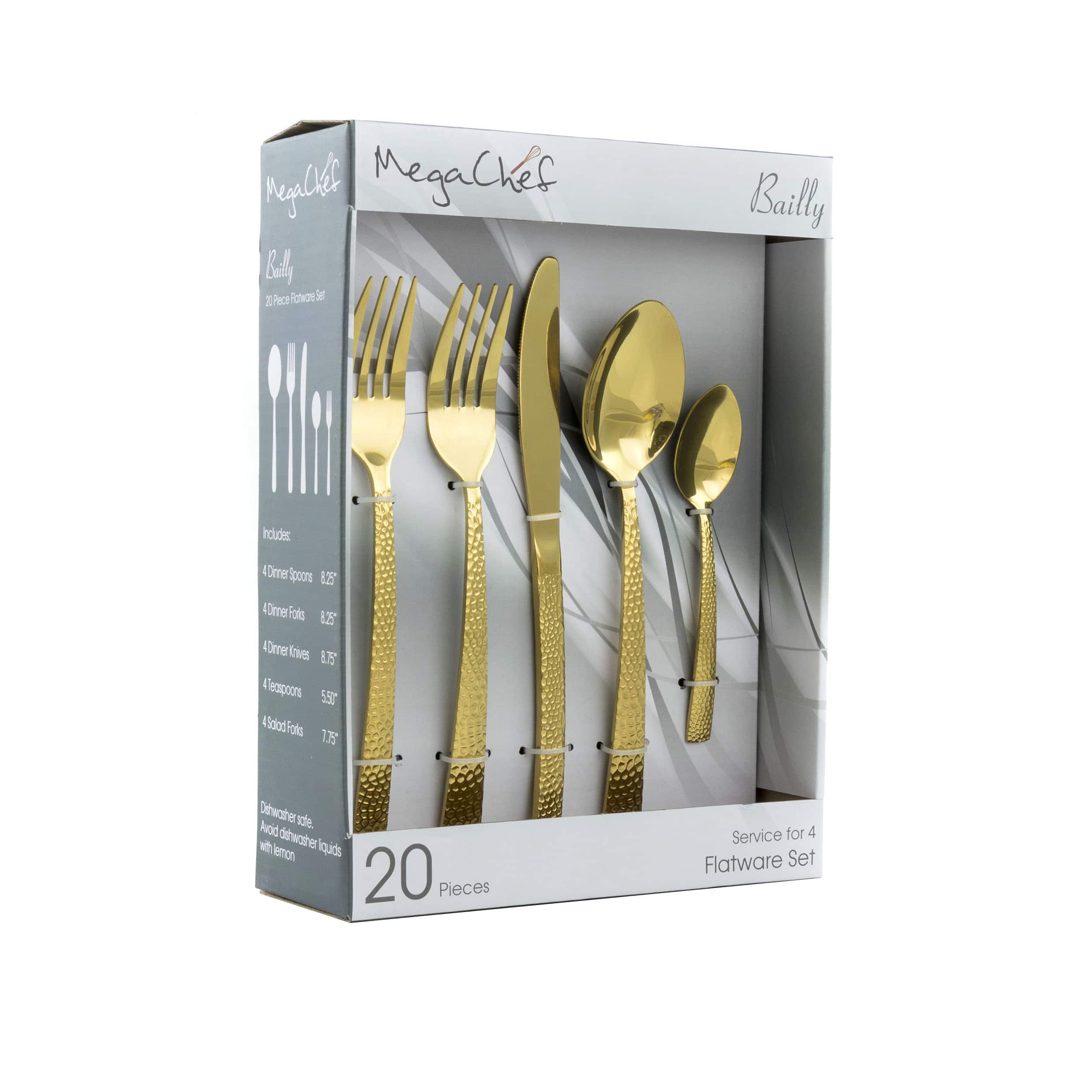 MegaChef - Baily 20 Piece Flatware Utensil Set, Stainless Steel Silverware Metal Service for 4 - Gold