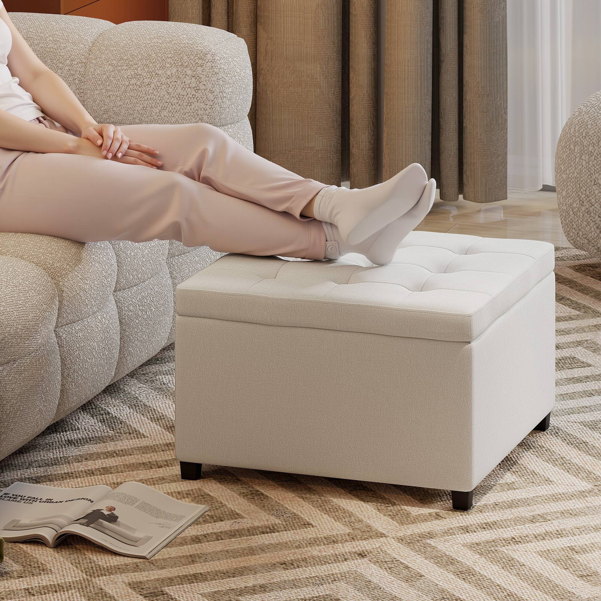 Alt View 7. Homcom - Storage Ottoman Bench, Button Tufted Ottoman with Flip Top for Living Room - Beige.