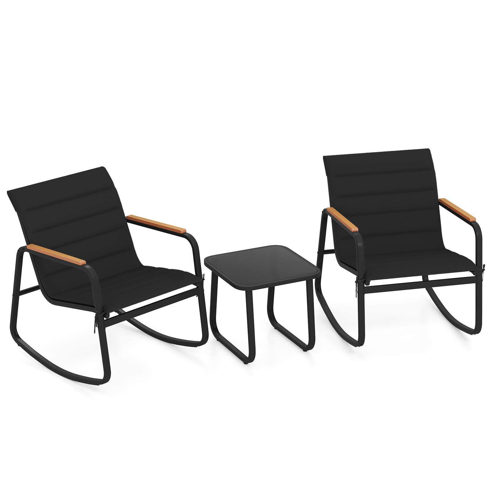 Alt View 9. Costway - Costway 3PCS Outdoor Rocking Bistro Set with Tempered Glass Table Metal Frame Soft Cushions - Black.