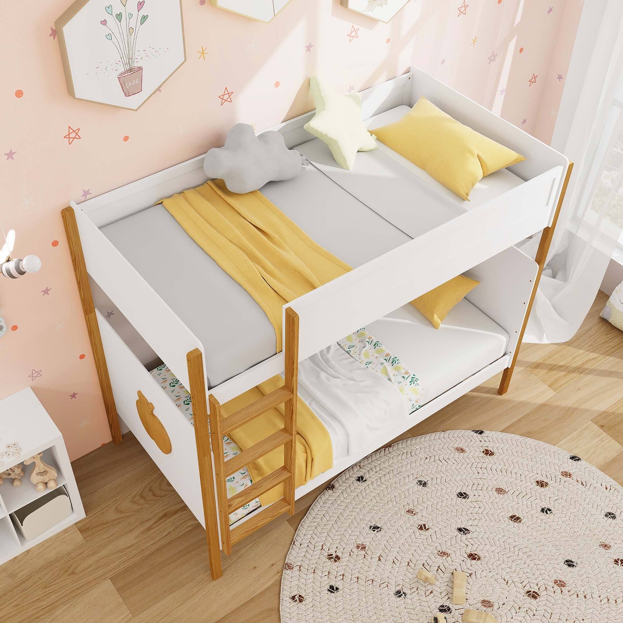 Back. Costway - 2-in-1 Twin Over Bunk Bed Frame with Integrated Ladder & Safety Guardrails - White & Natural.