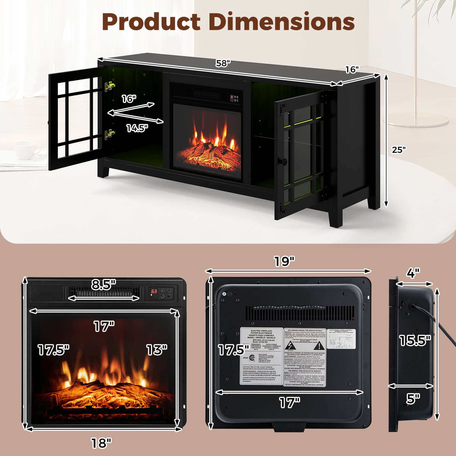 Product Dimensions:  
- 58" x 16" x 16"  
- 14.5" x 25" x 8.5"  
- 19" x 4" x 17.5"  
- 17" x 5" x 18"