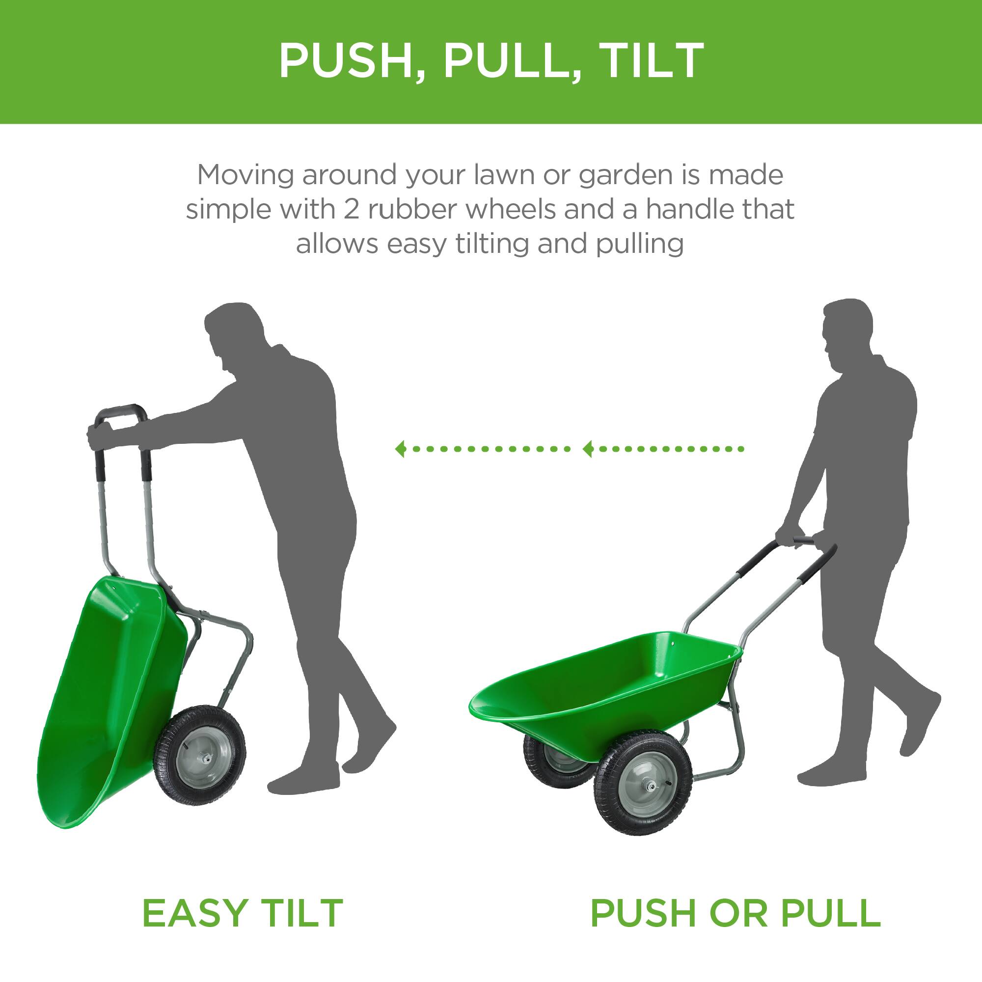 PUSH, PULL, TILT

Moving around your lawn or garden is made simple with 2 rubber wheels and a handle that allows easy tilting and pulling

EASY TILT

PUSH OR PULL