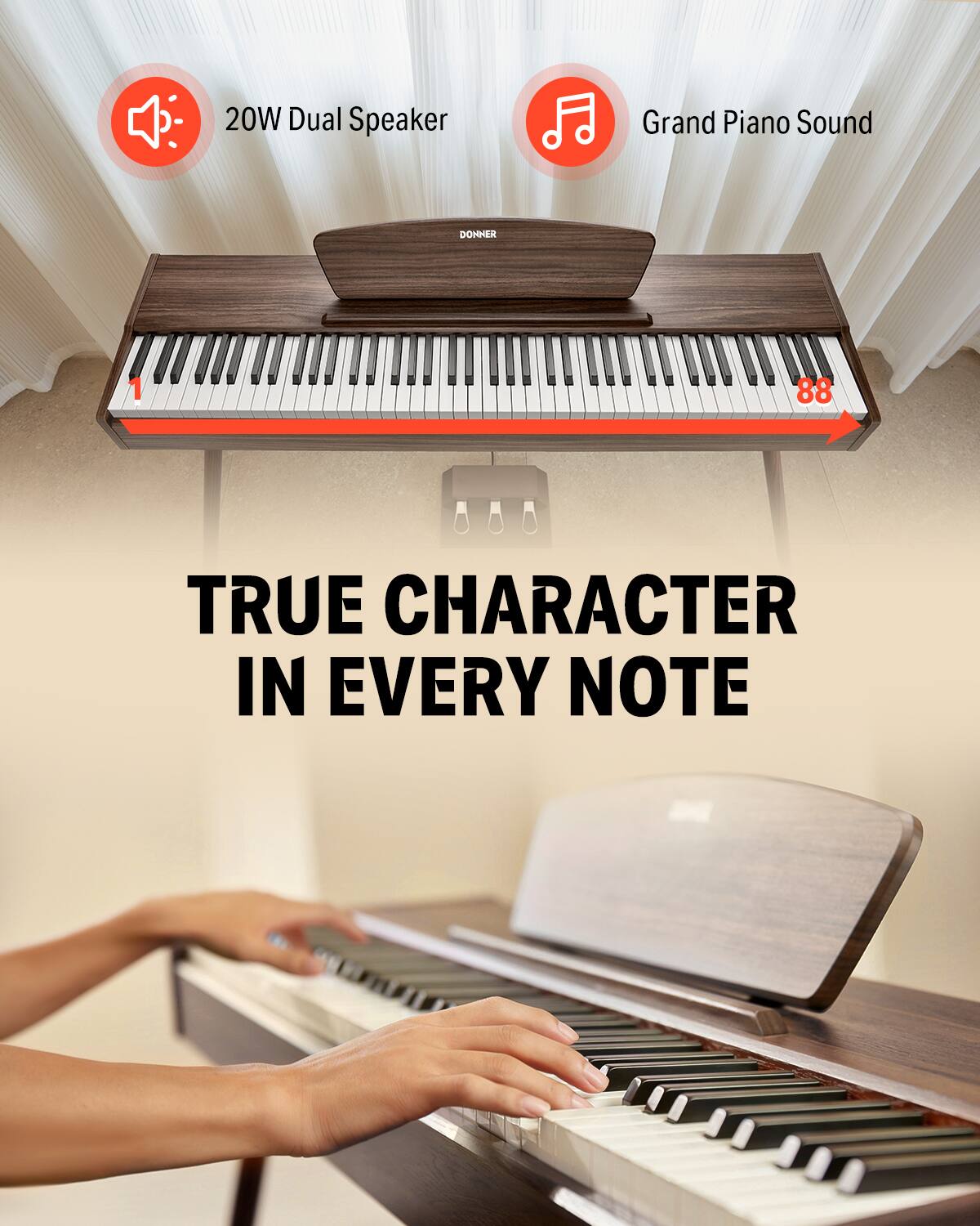 20W Dual Speaker, Grand Piano Sound, DONNER 88, TRUE CHARACTER IN EVERY NOTE