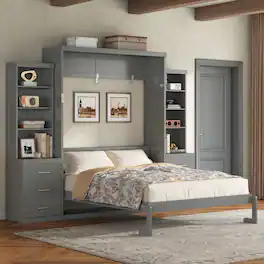 Whisen - Full Size Murphy Bed with Storage Shelves & Drawers, MDF & Pine Wood Space-Saving Bed - Gray