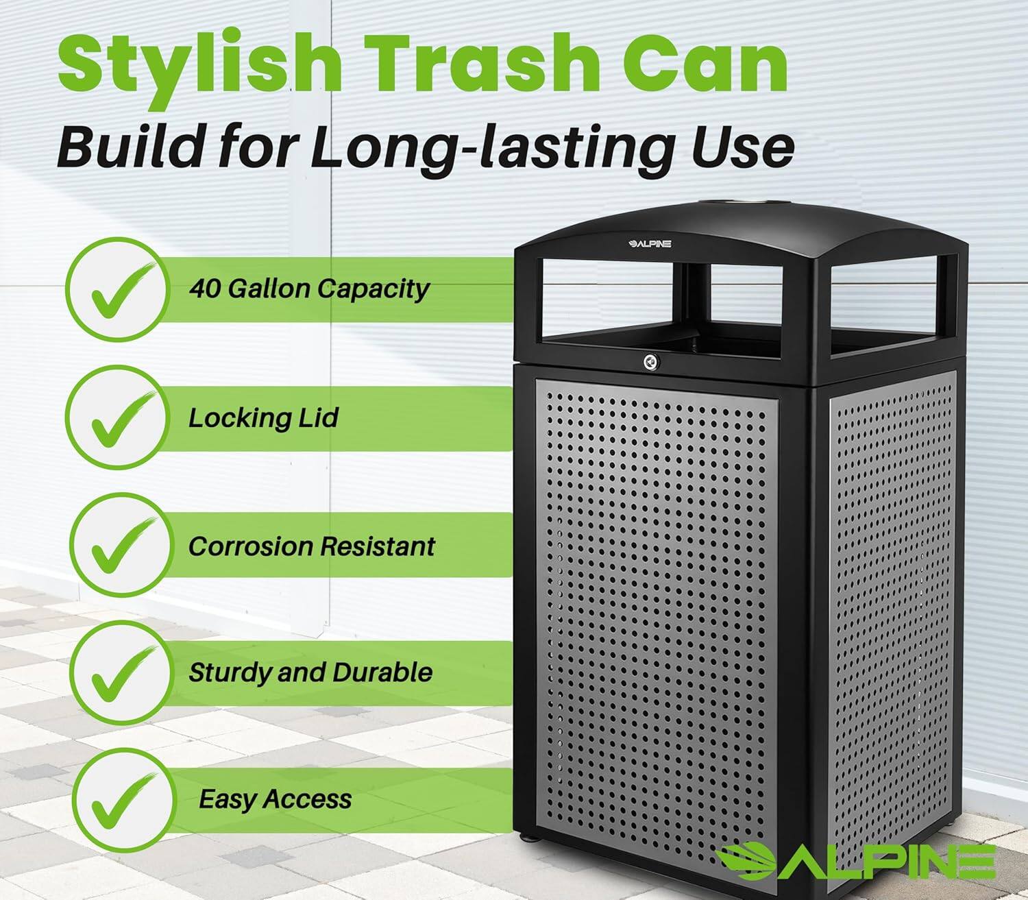 Stylish Trash Can Build for Long-lasting Use, 40 Gallon Capacity, Locking Lid, Corrosion Resistant, Sturdy and Durable, Easy Access, ALPINE