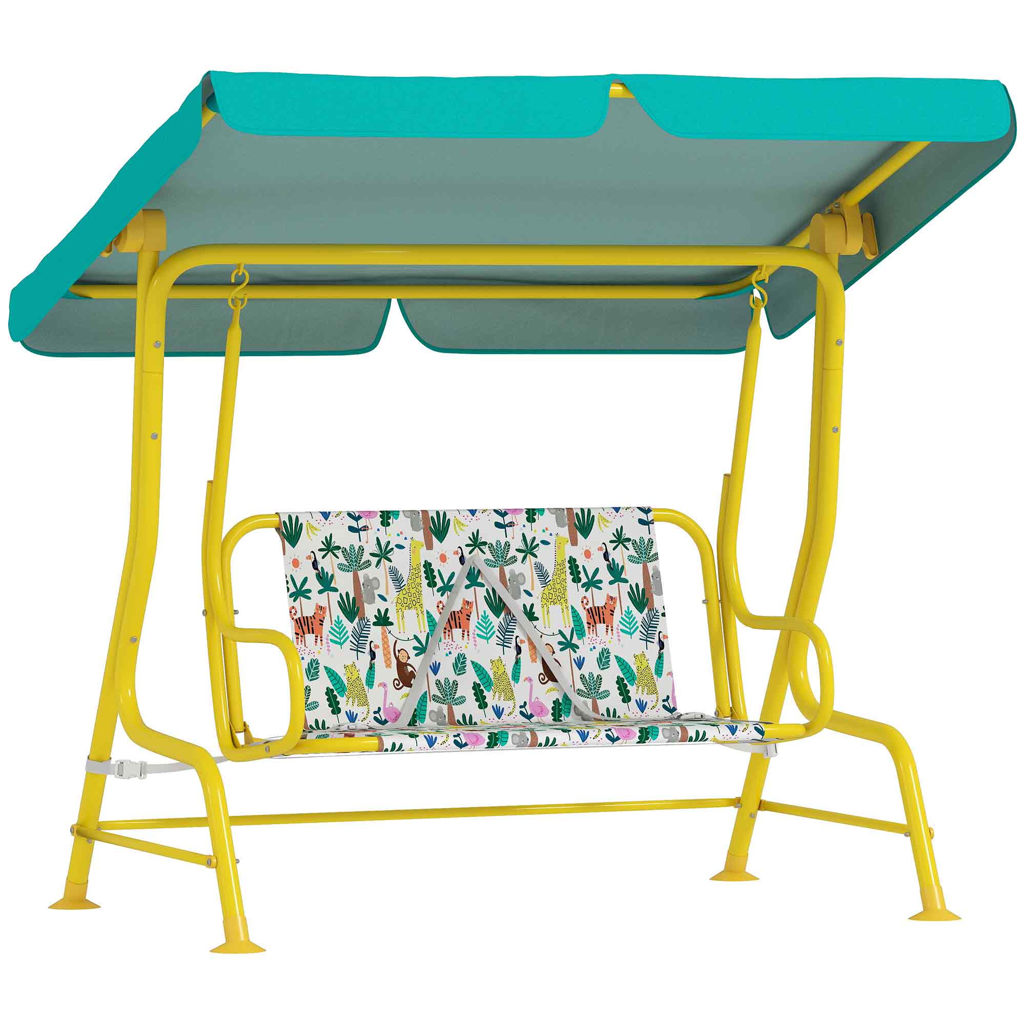 Front. Qaba - Kids Porch Swing, 2-Seater Patio Swing Bench with Safety Belts, Adjustable Canopy for Backyard - Green.