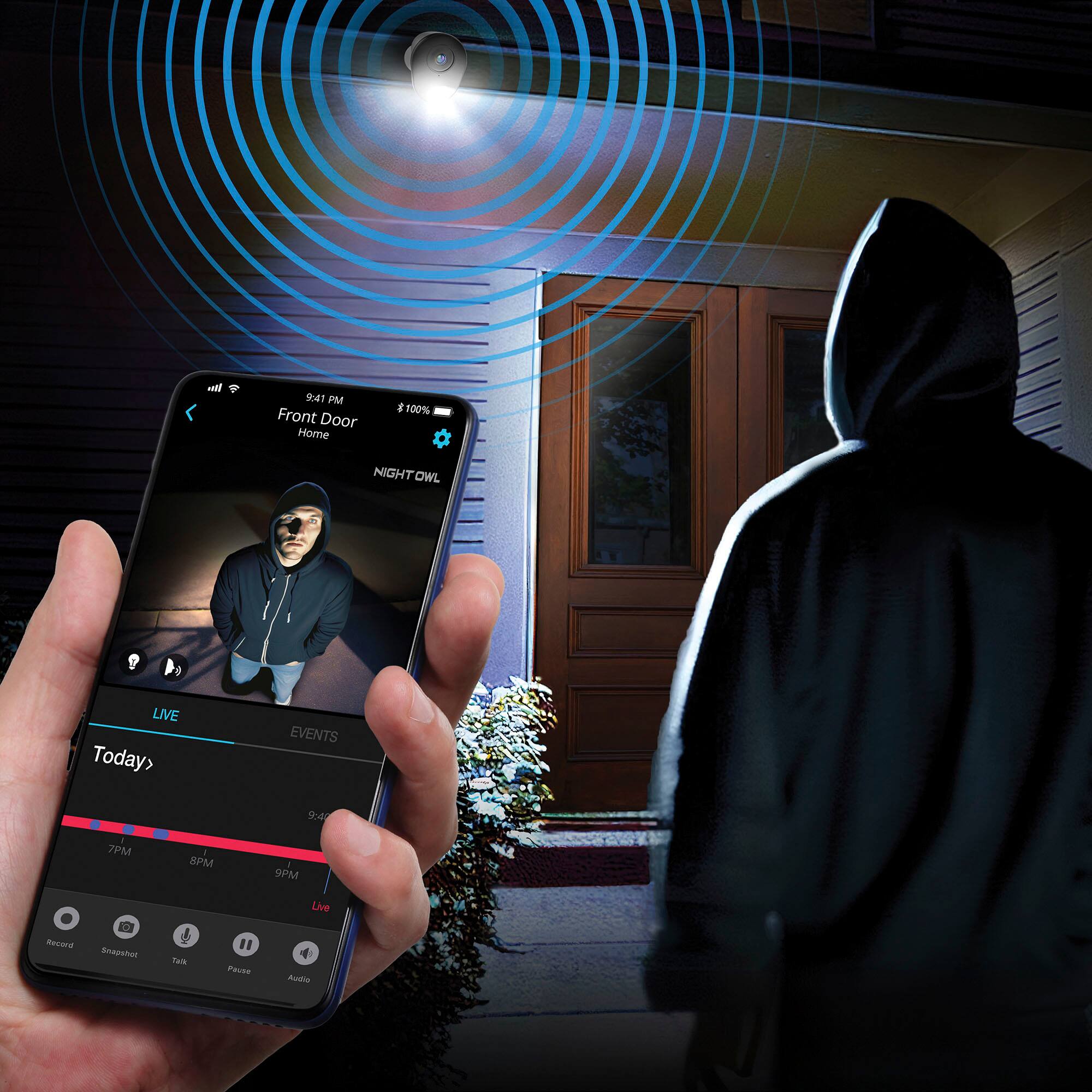 "Today> Events 9:41 PM Front Door Home 100% Night Owl Live. Pause Audio."