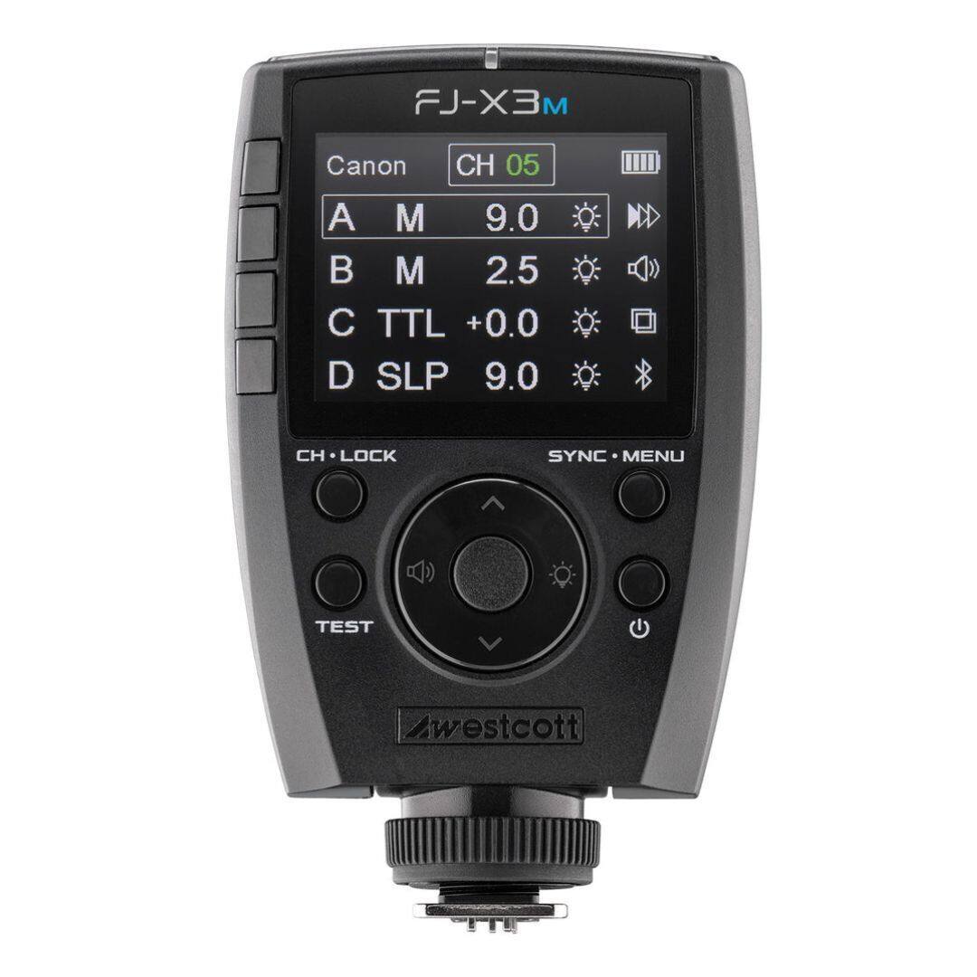 FJ-X3M  
Canon  
CH 05  
A M 9.0  
B M 2.5  
C TTL +0.0  
D SLP 9.0  
CH LOCK  
SYNC MENU  
TEST  
westcott