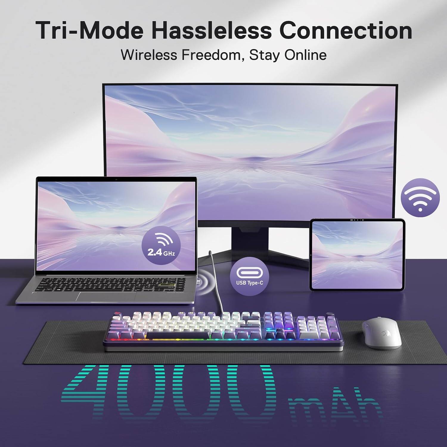 Tri-Mode Hassleless Connection Wireless Freedom, Stay Online  
2.4GHz  
USB Type-C  
4000mAh