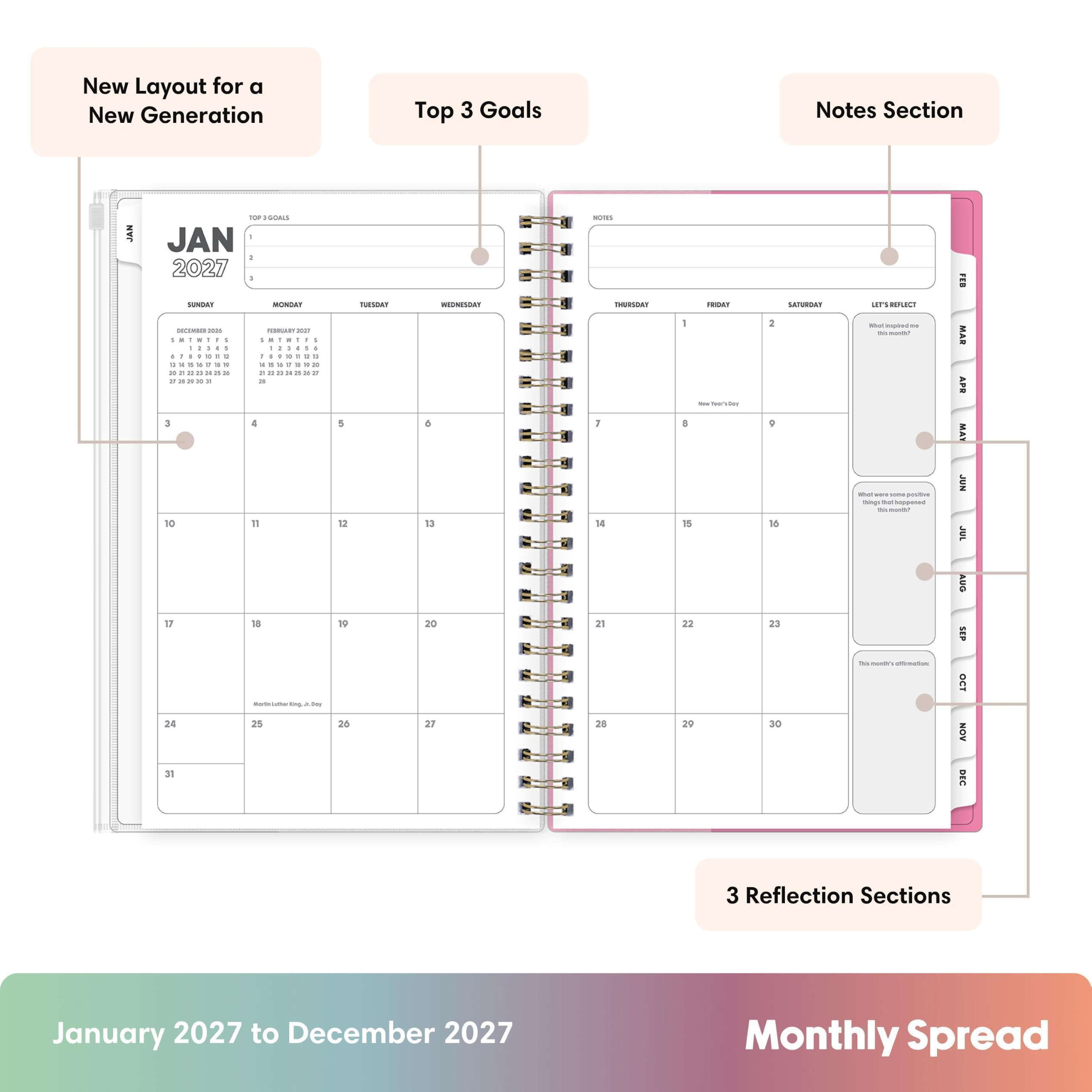 New Layout for a New Generation

Top 3 Goals

Notes Section

JAN
TOP3GOALS JAN 1 2027 : SUNDAIN MONDAY TUESDAY .  2027 1 - I I 1 I - I : - 1 : 1 y RESCRES  If 20 2020 202 3 3 4 5 10 11 12 17 18 19 0g r.day 24 25 25 31
WEDNESDAY 5 13 20 27
S
NOTES THURSDAY 1 14 21 28
FRIDAY 1 Nov Yeat'stay 8 15 22 29
SATURDAY 2 9 16 23 30
LET'SREFLECT since espited M SEL BOOK source were some positive things but happesed - *Chem Thinoson offimation

FEB MAR APR MAY JUN JUL AUG SEP OCT NOV DEC

3 Reflection Sections

January 2027 to December