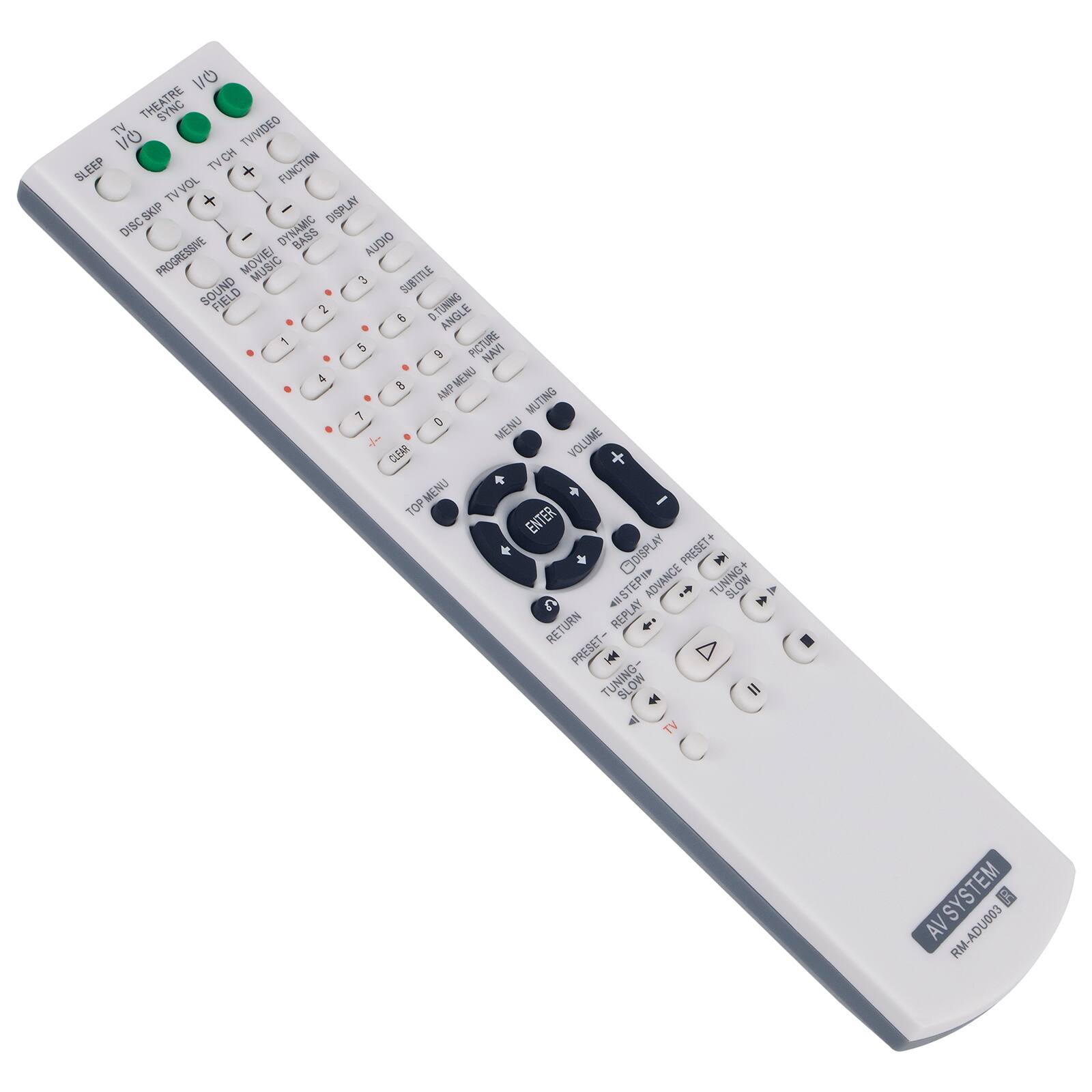 TV THEATRE SYNC TV VIDEO  
V/O SLEEP TVCH + FUNCTION TV VOL + DISPLAY DISC SKIP SKIP DISC DYNAMIC BASS PROGRESSIVE AUDIO MUSIC 3 SUBTITLE SOUND FIELD DTUNING 2 E ANGLE 1 PICTURE NAVI 4 - MENU AMP MUTING 7 - MENU de VOLUME CLERN + I MENU + - TOP ENTER M M CDISPLAY PRESET+ ISTEP ADVANCE SLOW n RETURN REPLAY i RET PRESET TUNING- = TV AVSYSTEM AV RM-ADU003