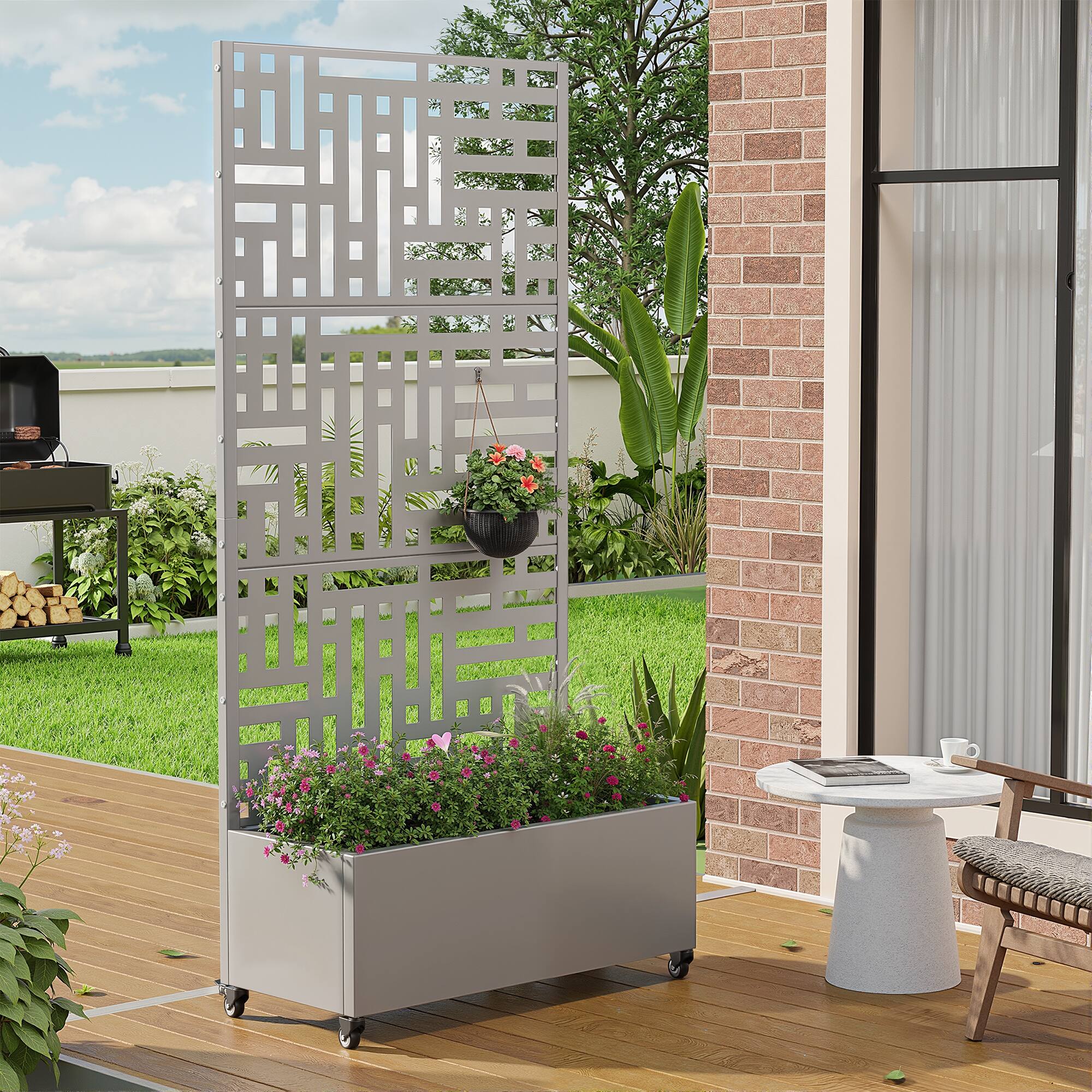 Alt View 1. PexFix - 72 in. H x 35 in. W Street Pattern Rectangle Metal Planter Box Raised Garden Beds with Trellis-Ideal for Balcony - Gray.