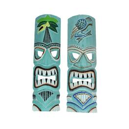 Things2Die4 - Handcrafted Aqua Parrot & Palm Tree Wooden Tiki Mask Wall Hangings – 20 Inches High - Set of 2 - Blue