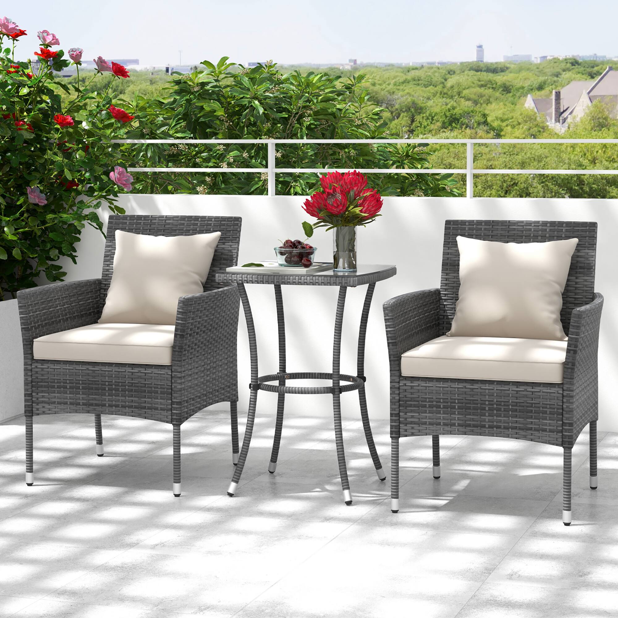 Alt View 1. Gymax - Gymax 3-Piece Patio Furniture Set PE Wicker Conversation Bistro Set w/ A Tempered Glass Table - Mix Gray, Off White.