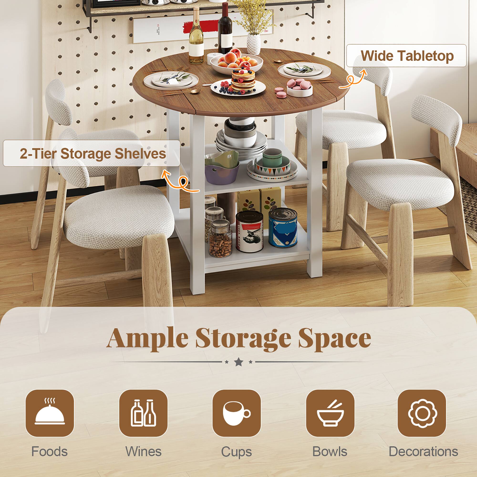 2-Tier Storage Shelves  
Wide Tabletop  
Ample Storage Space  
Foods  
Wines  
Cups  
Bowls  
Decorations