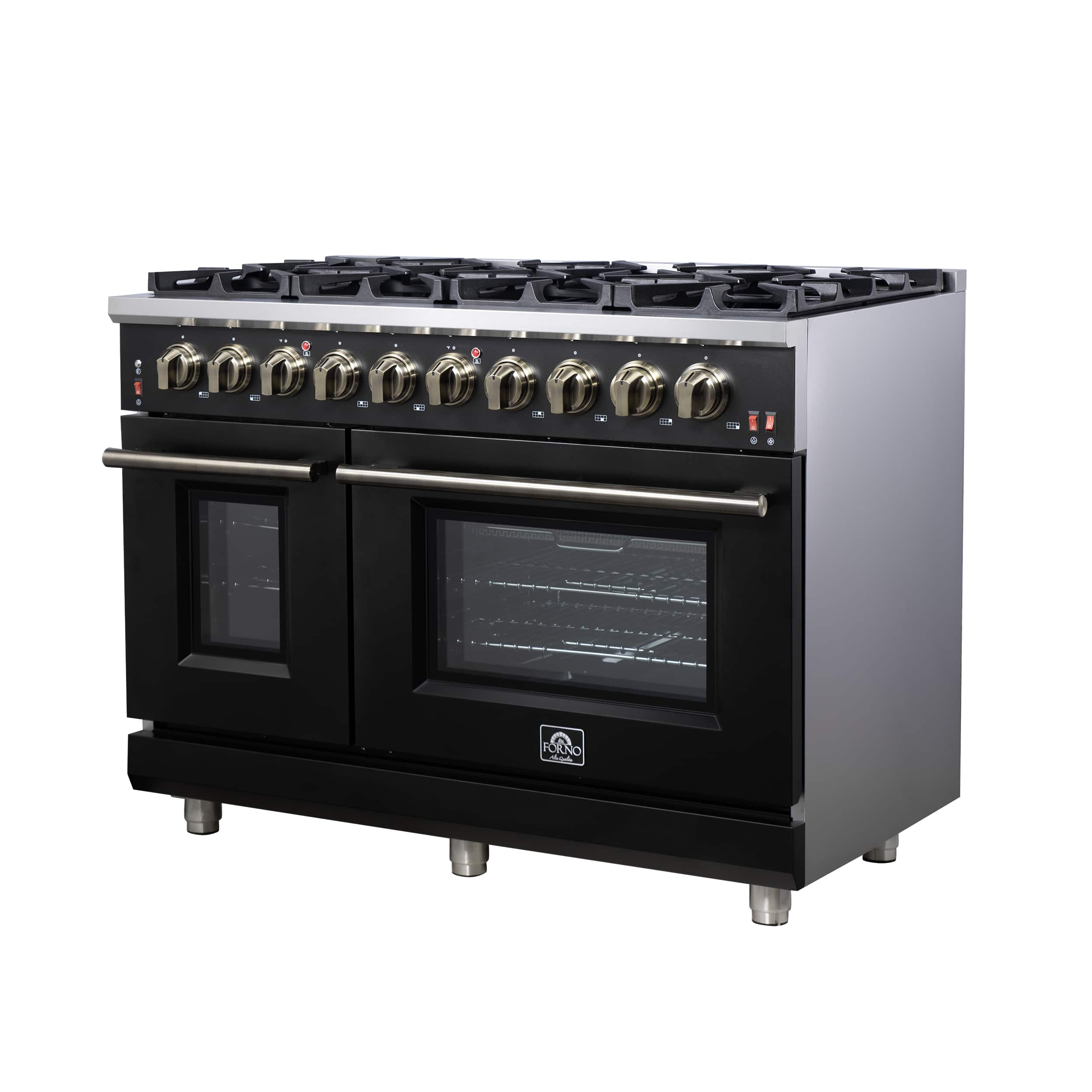 Angle. Forno Appliances - Massimo 6.58 Cu. Ft. Freestanding True Convection Gas Range with Air Fryer Kit, Wok Support & Two Griddles - Black.