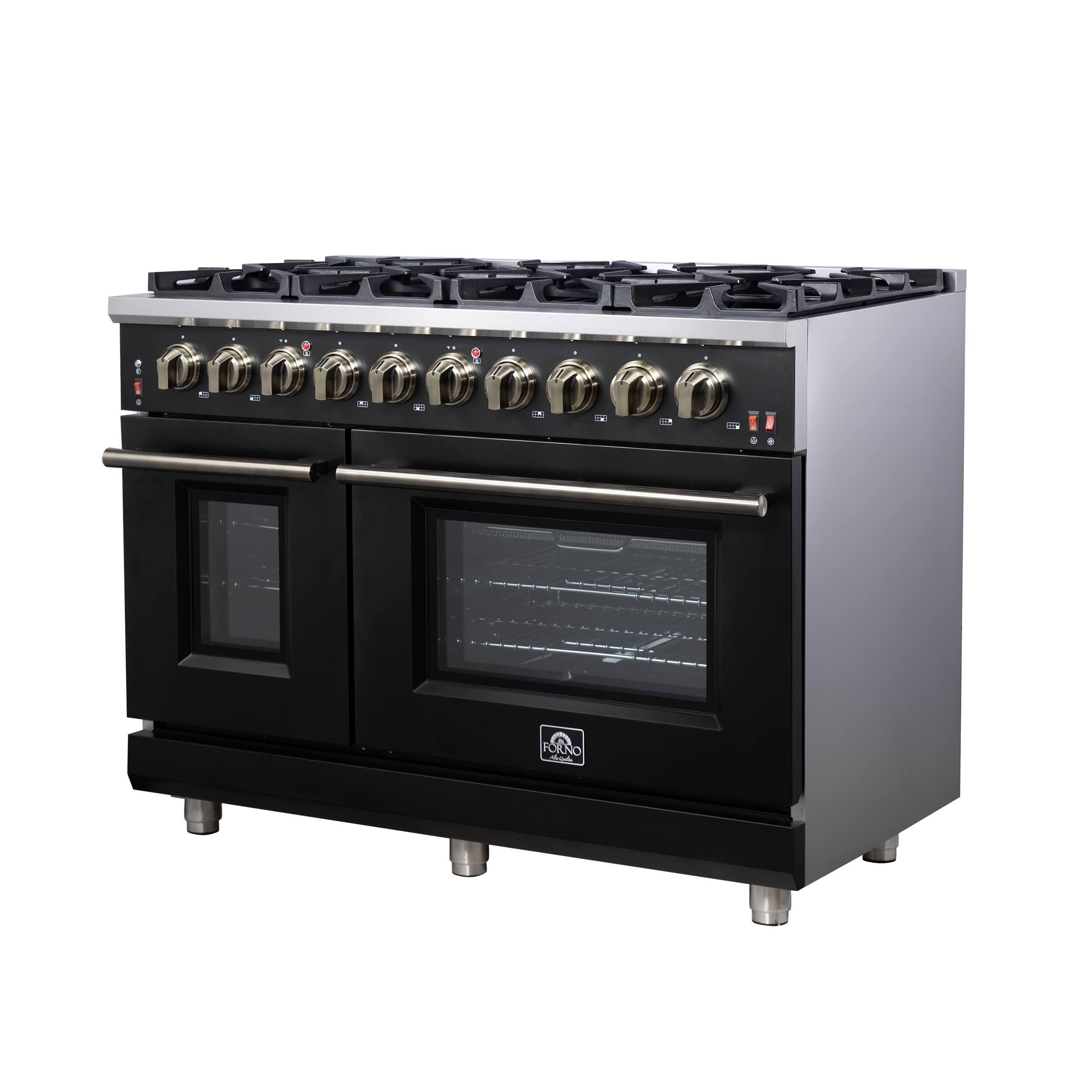 Angle. Forno Appliances - Massimo 6.58 Cu. Ft. Freestanding True Convection Gas Range with Air Fryer Kit, Wok Support & Two Griddles - Black.