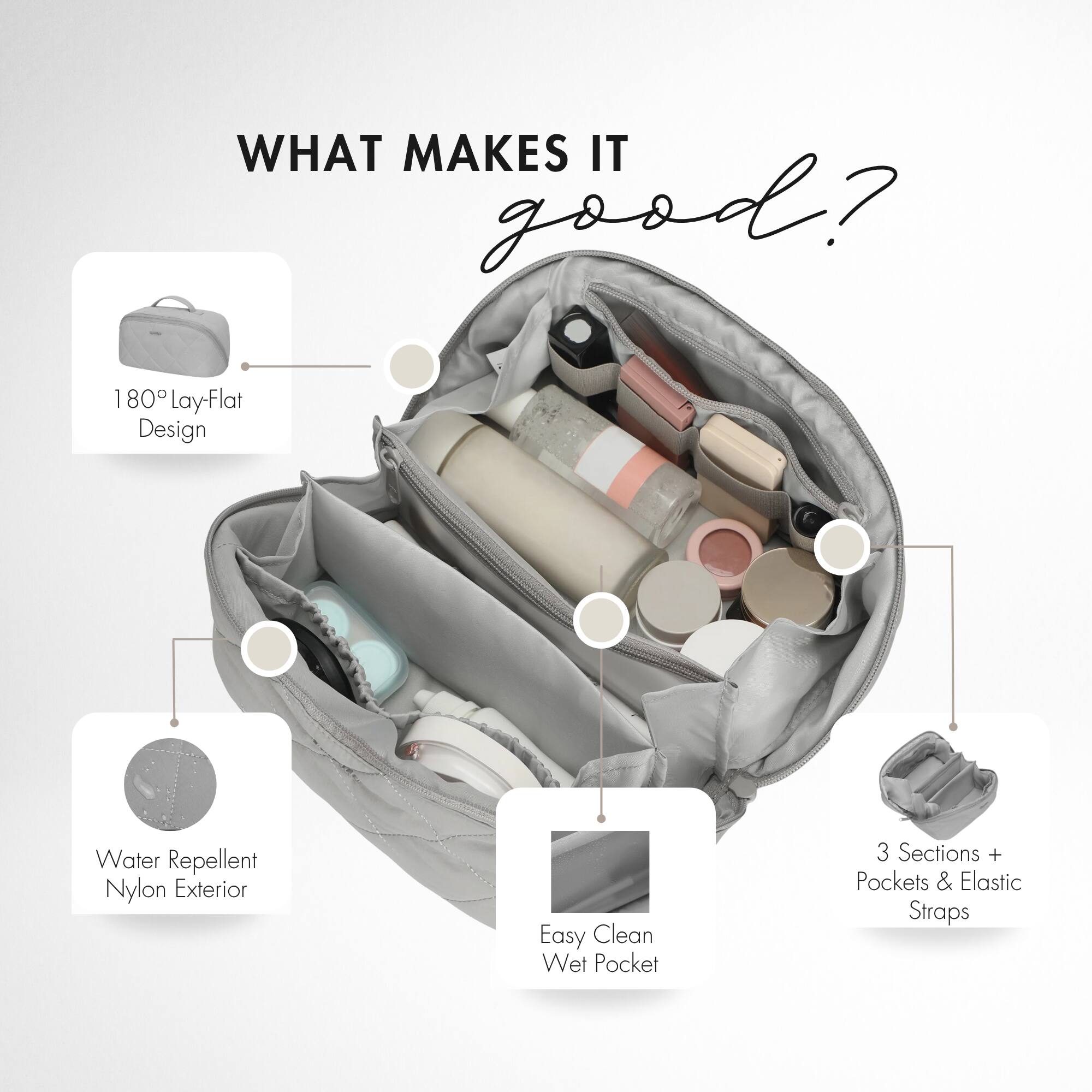 WHAT MAKES IT GOOD?
- 180° Lay-Flat Design
- Water Repellent Nylon Exterior
- Easy Clean Wet Pocket
- 3 Sections + Pockets & Elastic Straps
