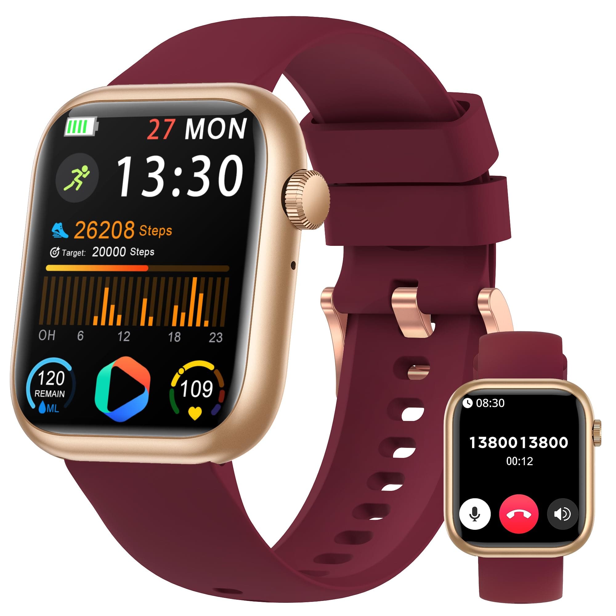 The Best Inks - Smart Watch For Men Women 1.83" Fitness (answer/make Call) Smartwatch With Heart Rate/blood Sleep - Burgundy